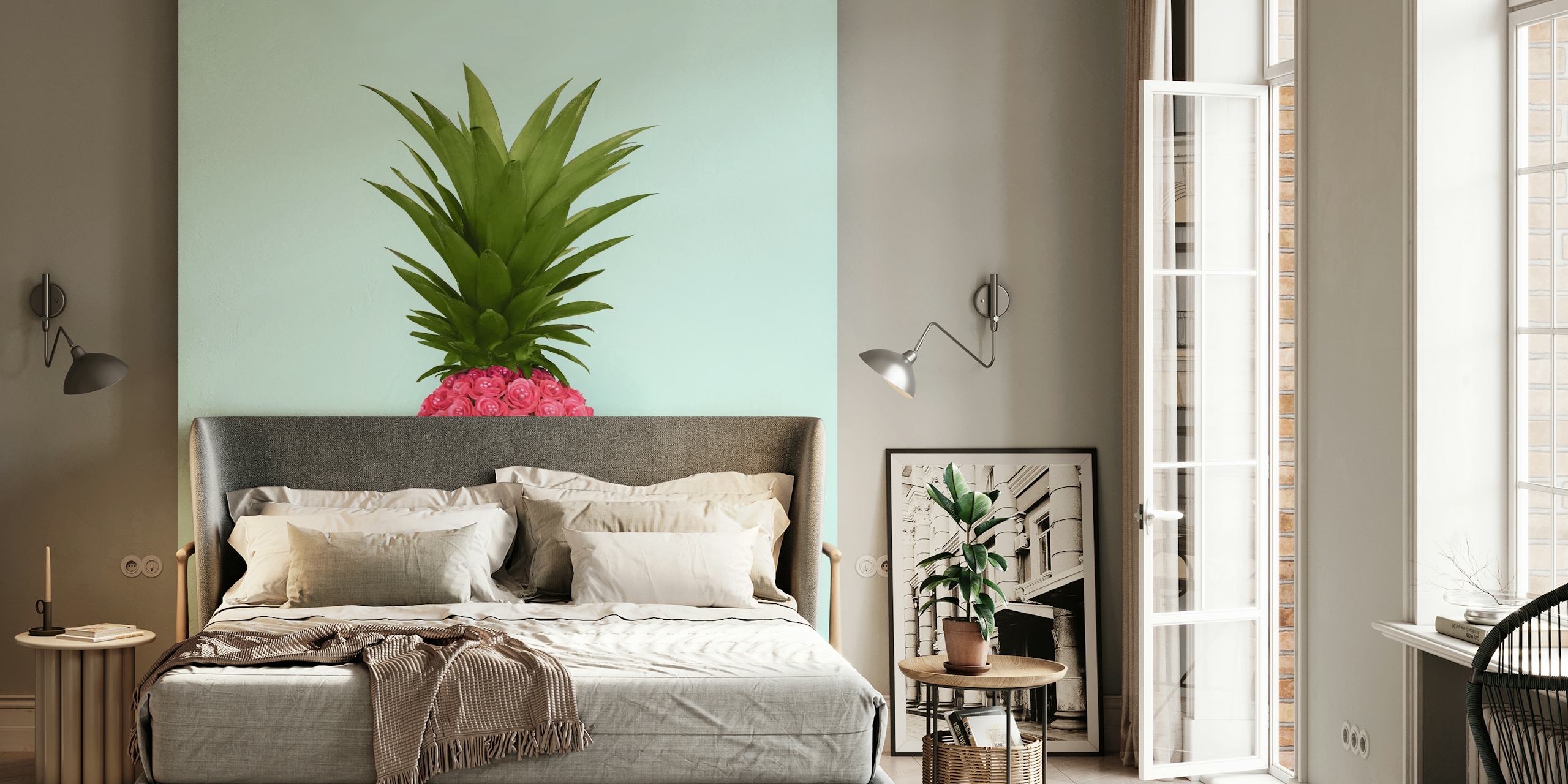 Pink pineapple with roses and green leaves wallpaper