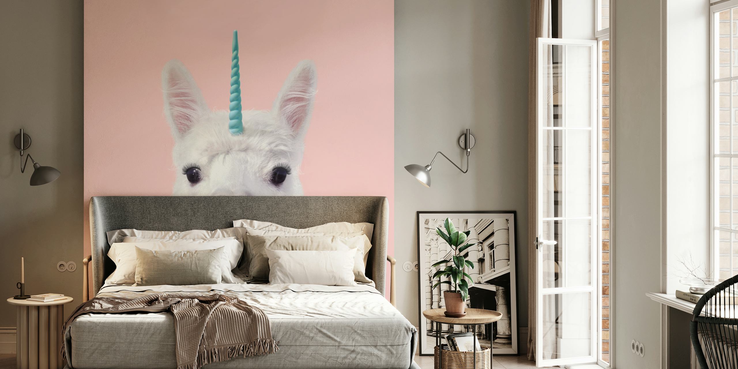 Unicorn alpaca with a teal horn on pink background wallpaper