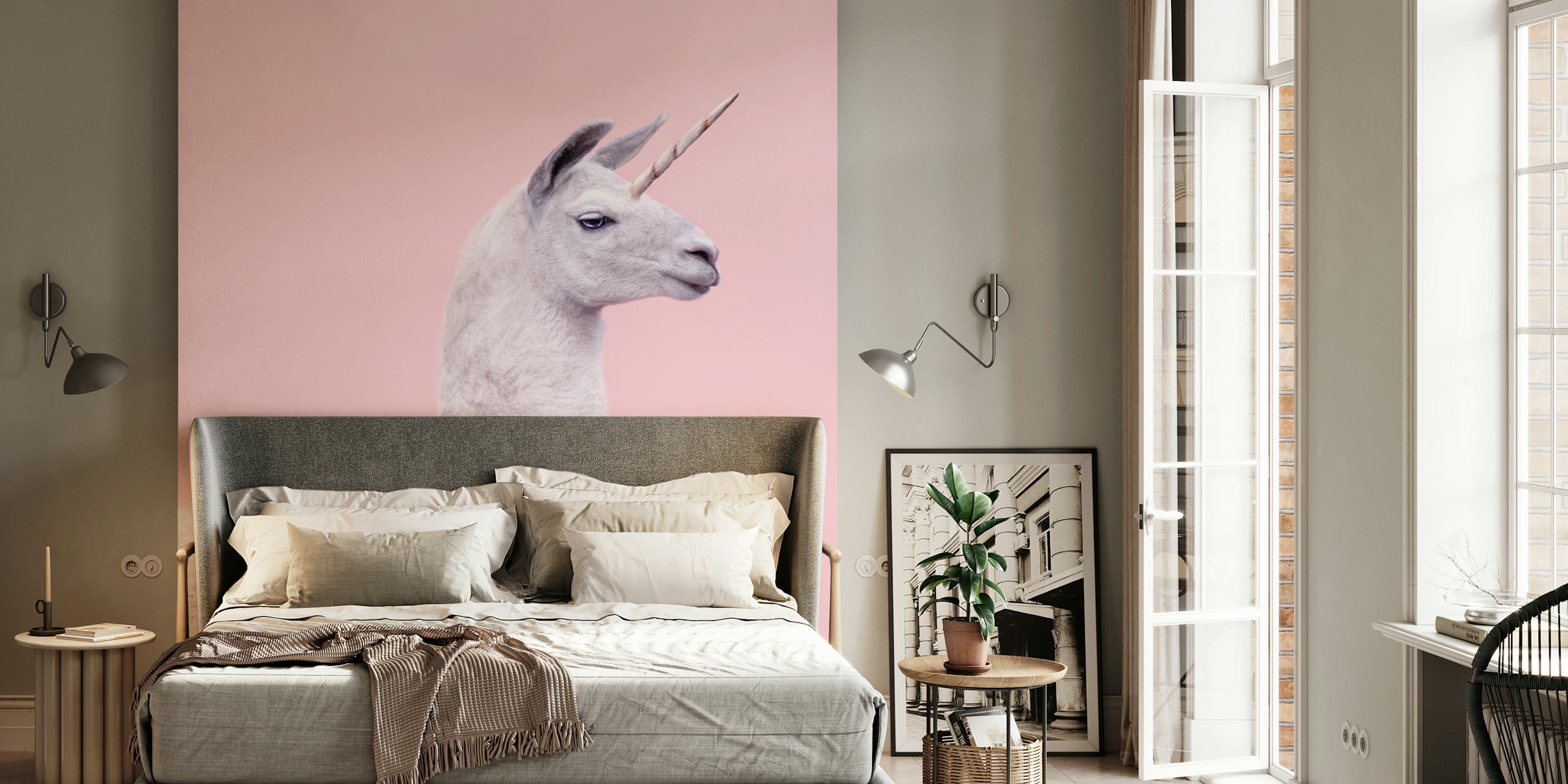 Finurligt Lama Unicorn-Vægmaleri Med Pastellyserød Baggrund