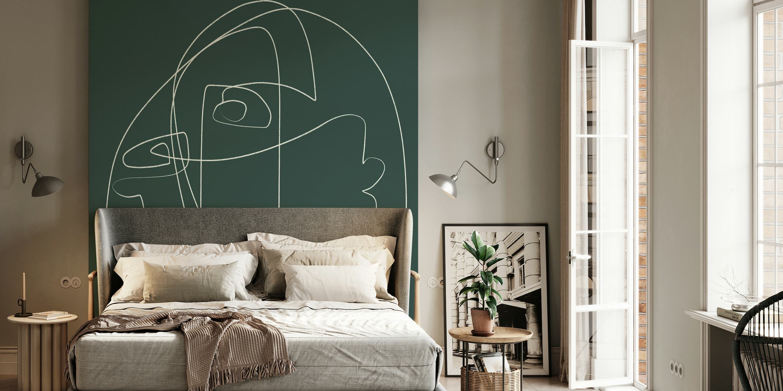 Abstract thin line portrait in white on a viridian background wall mural