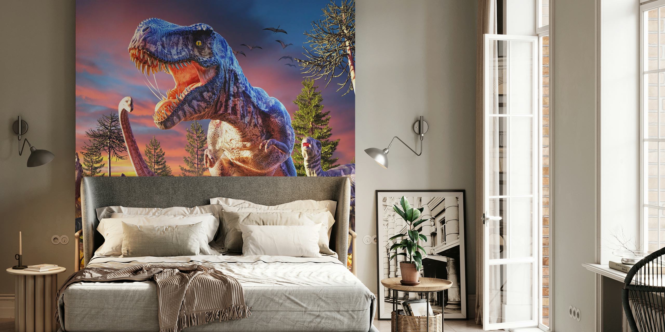 Dinosaur scene with T-Rex and other dinosaurs in vibrant colors wallpaper