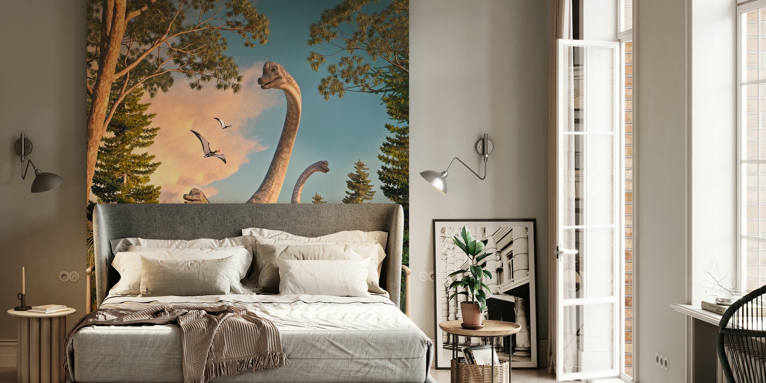 Dinosaurs in a lush green forest with blue sky wallpaper