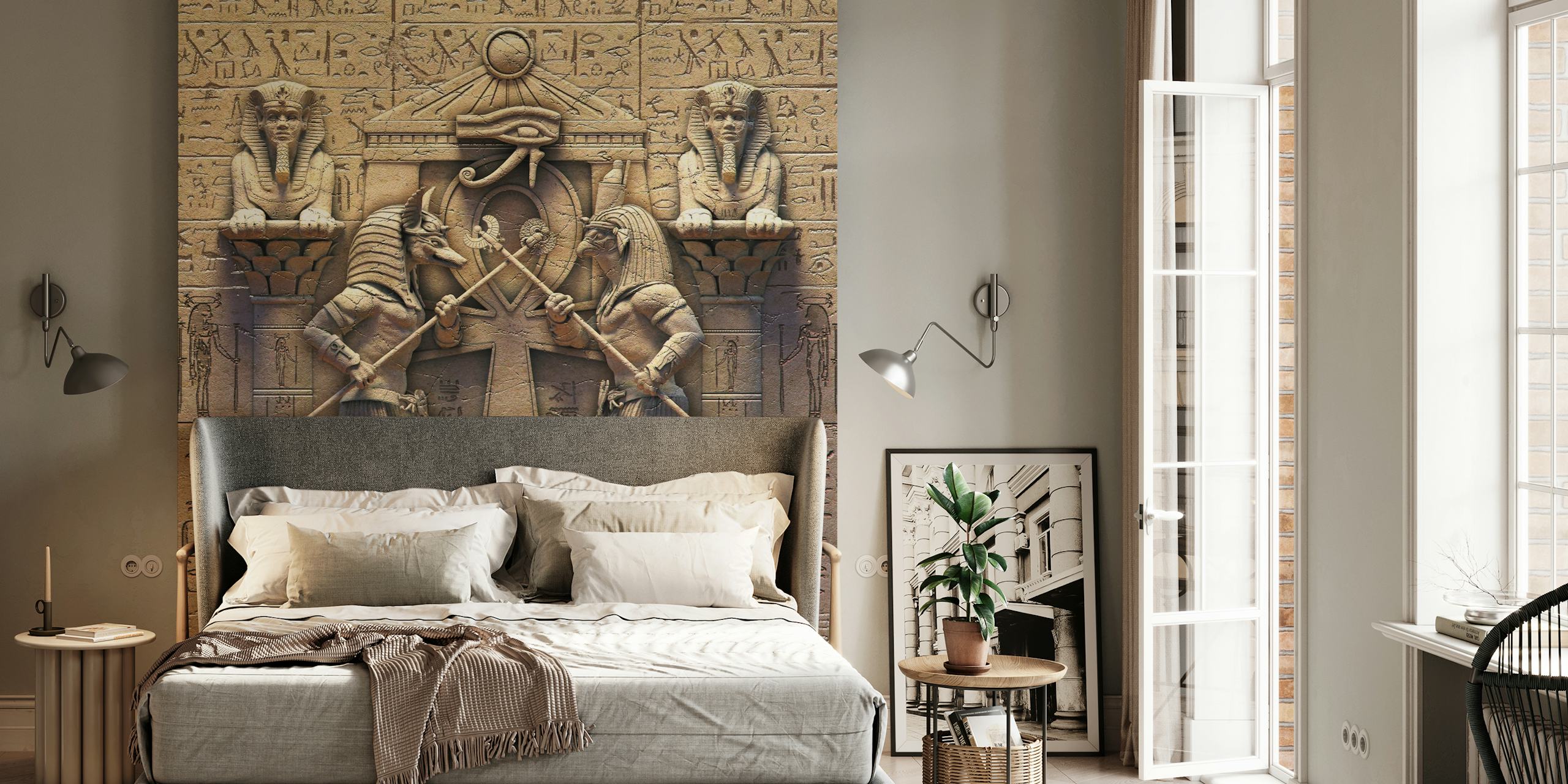 Egyptian gods with hieroglyphs and stone texture wallpaper