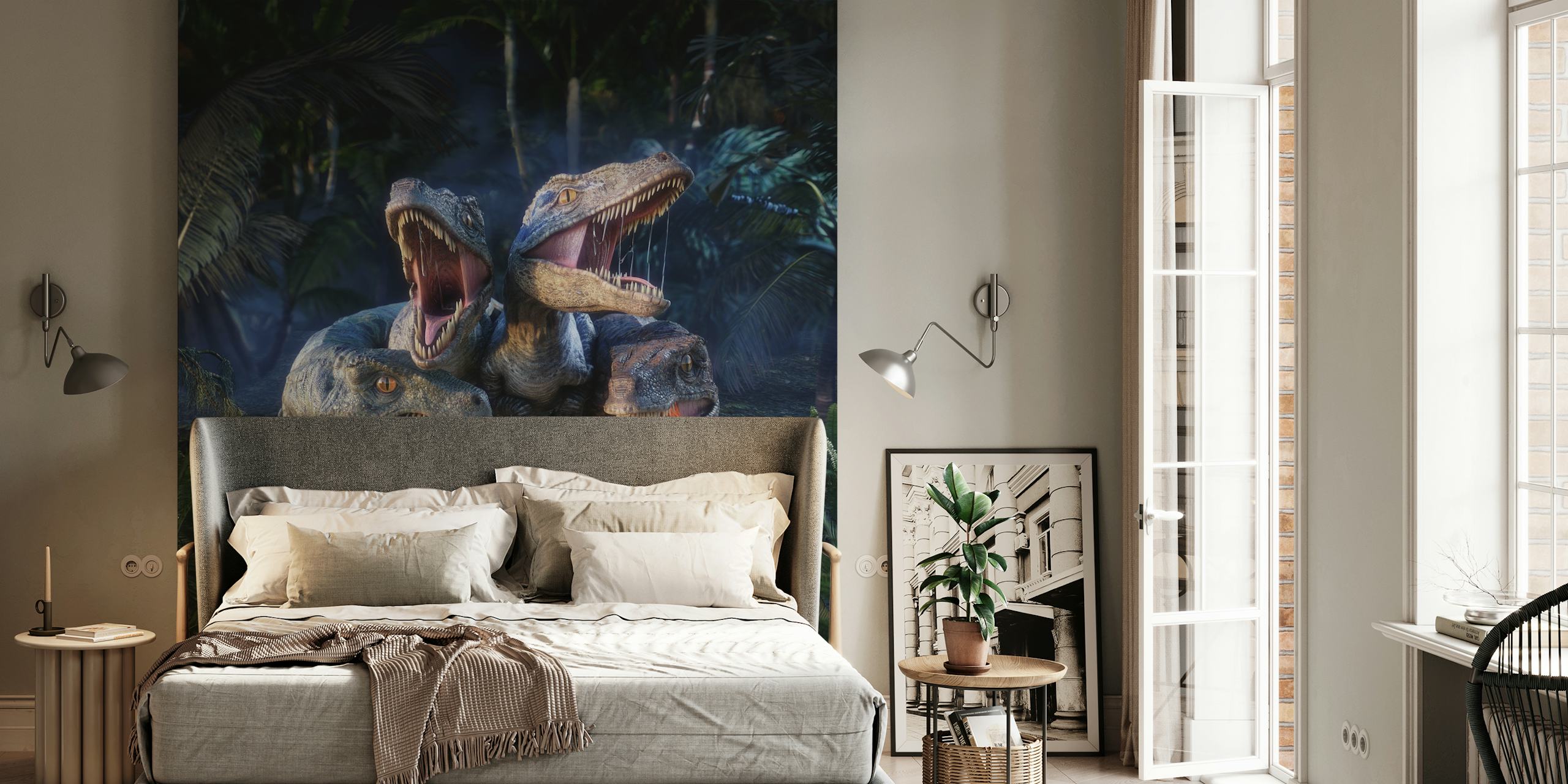 Raptor Squad dinosaur-themed wall mural with three raptors in a jungle