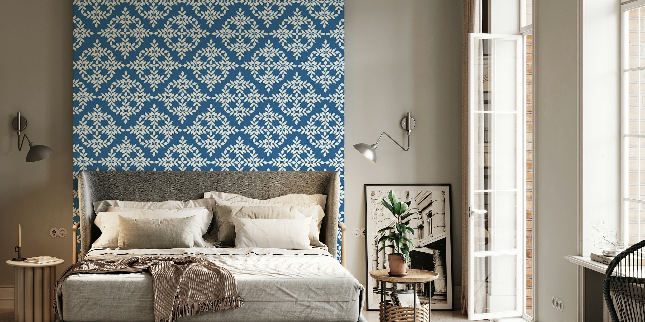 Indigo blue and white patterned wall mural with intricate designs