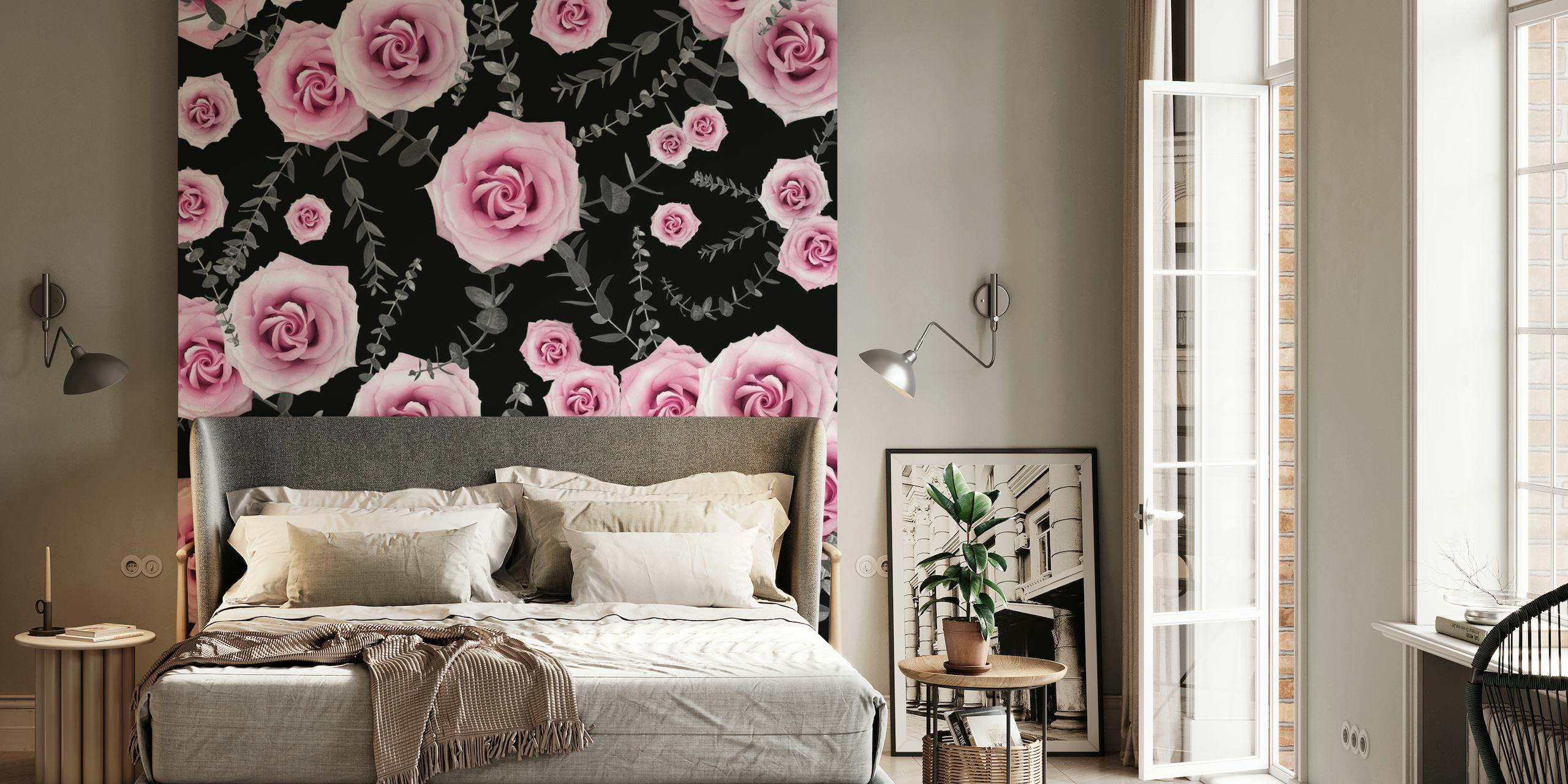 Fototapete mit rosa Rosen und Eukalyptusmuster auf dunklem Hintergrund