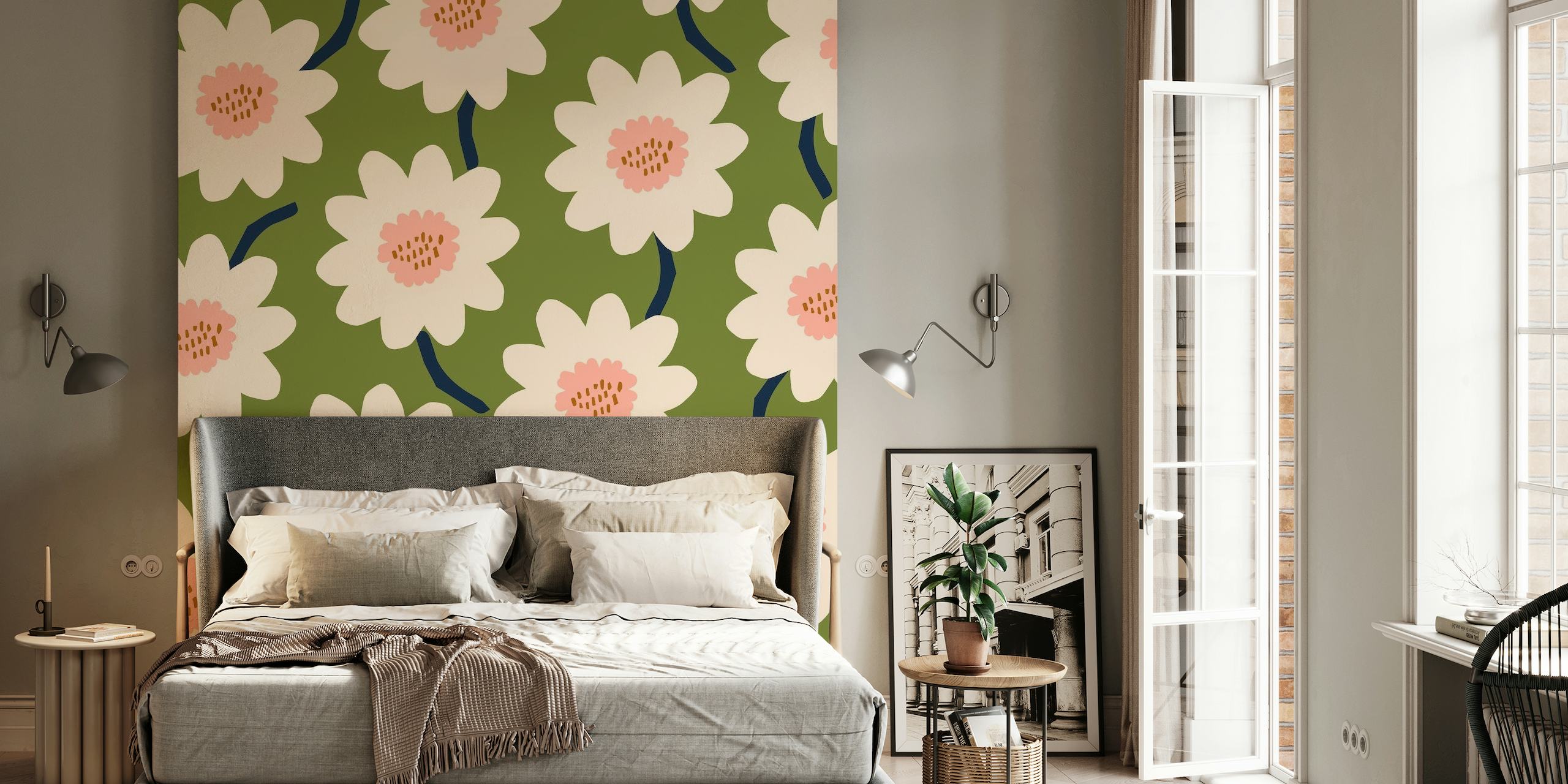Vihreä kukkainen seinämaalaus, jossa kukkivat kukat pastellisävyissä