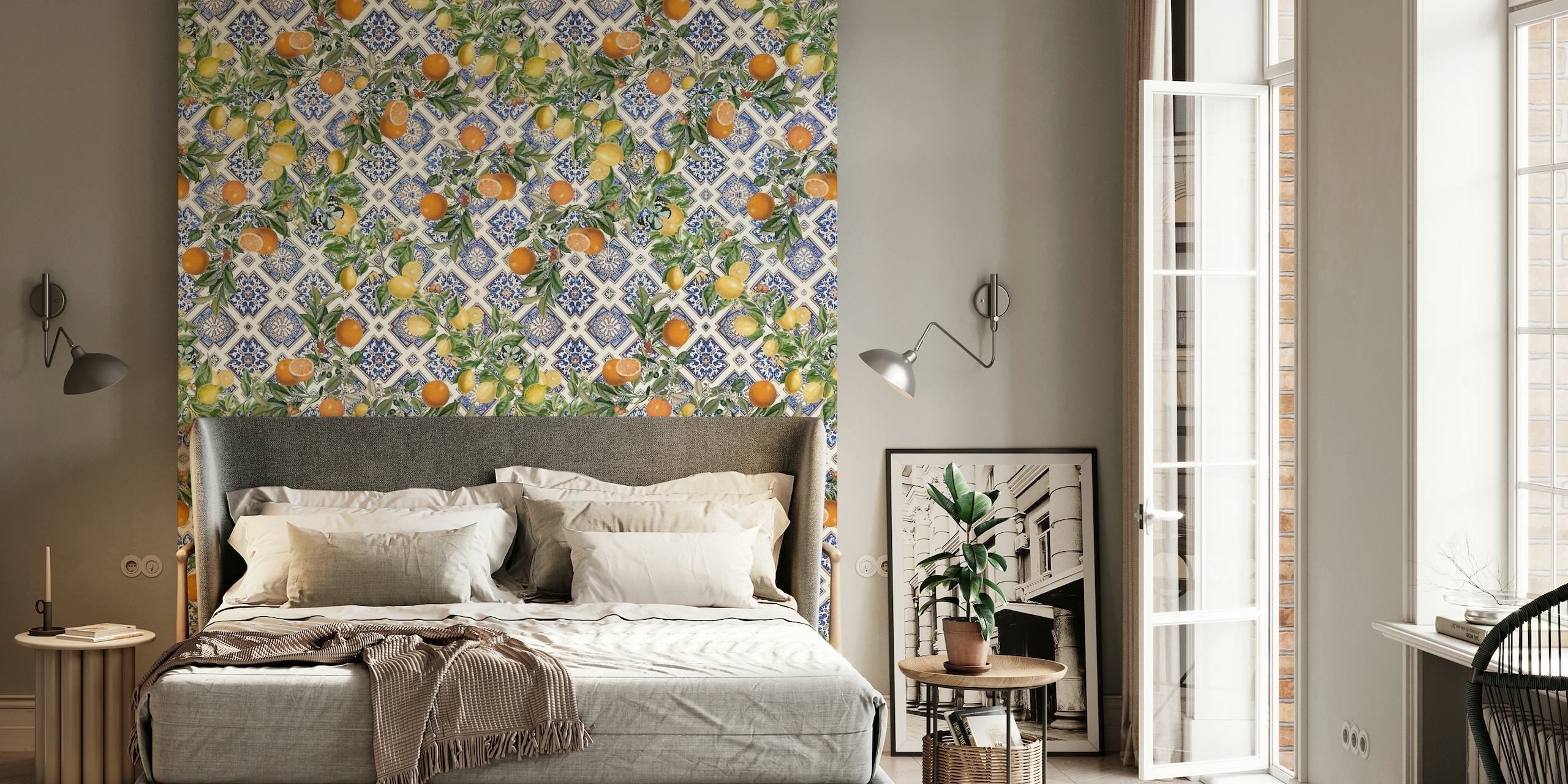 Sicilian Lemons and Oranges Wall Mural depicting bright citrus fruits intertwined with foliage.