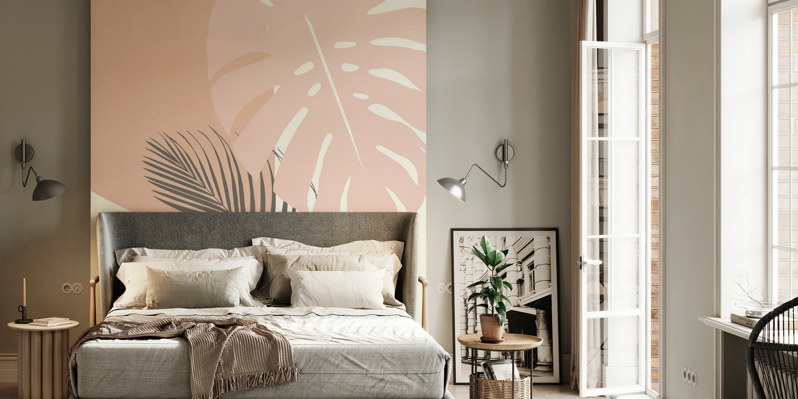 Stylized monstera and palm leaf wall mural in soft earth tones