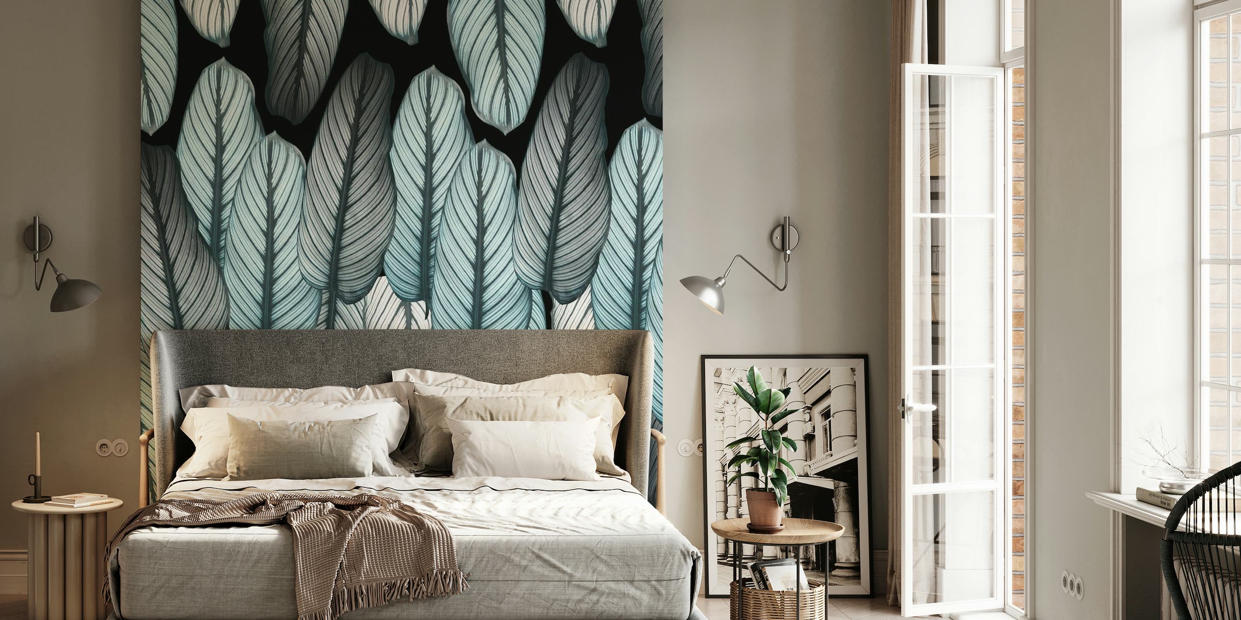 Calathea Leaves Pattern Wall Mural with a dark background