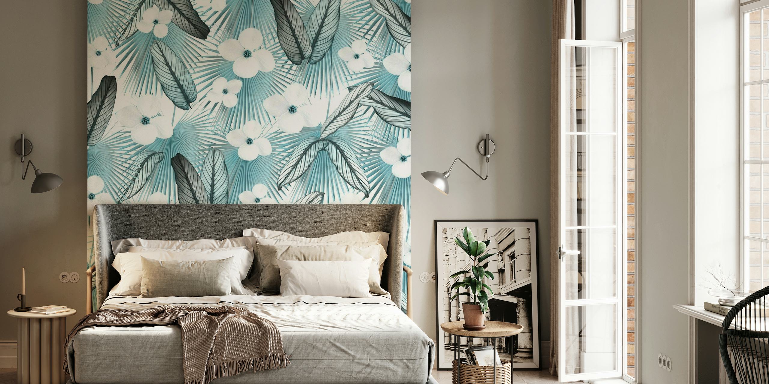 Calathea Fan Palm Bloemen muurschildering met blauwe achtergrond