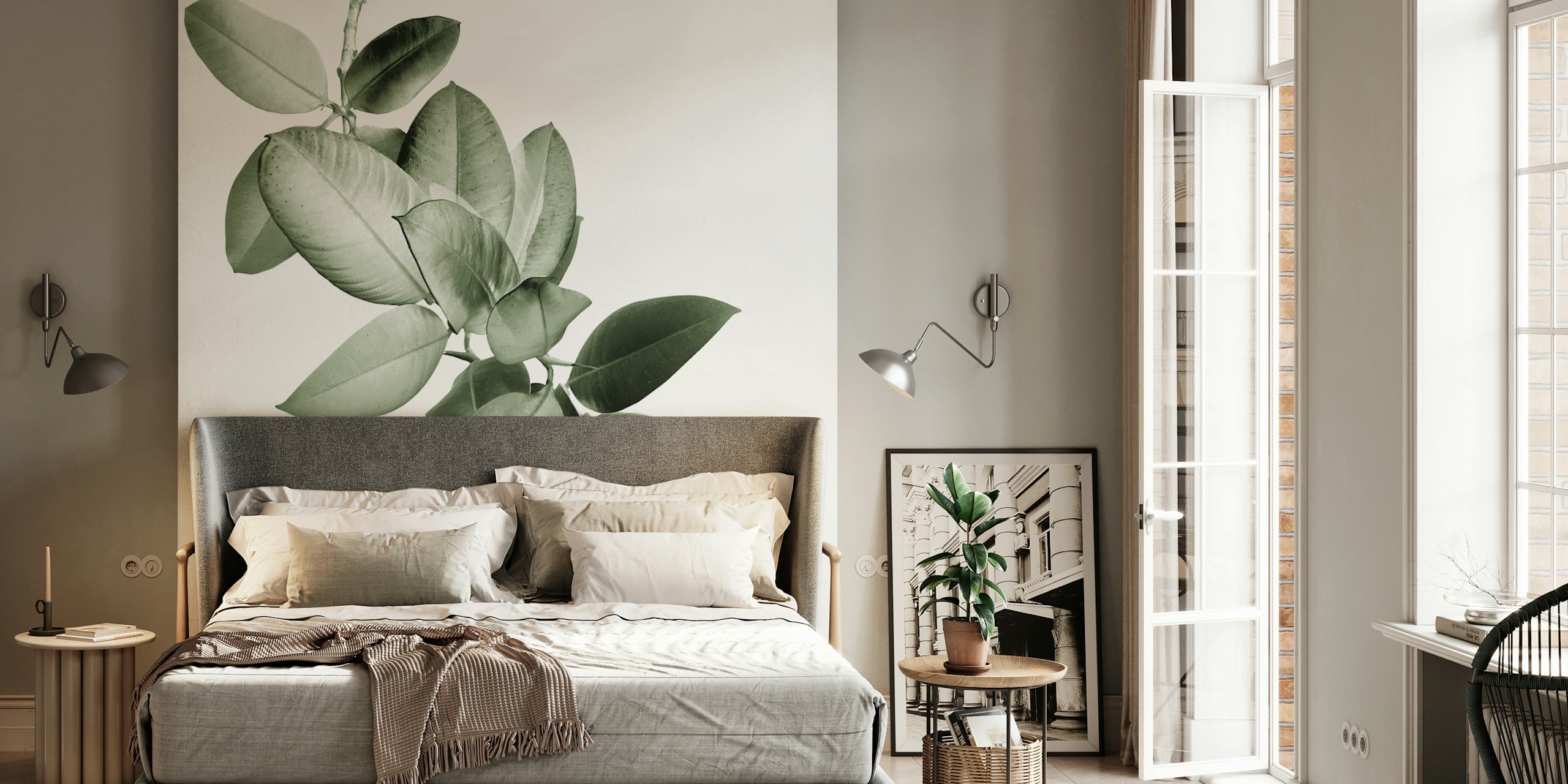Green leafy branch design wallpaper in black and white style