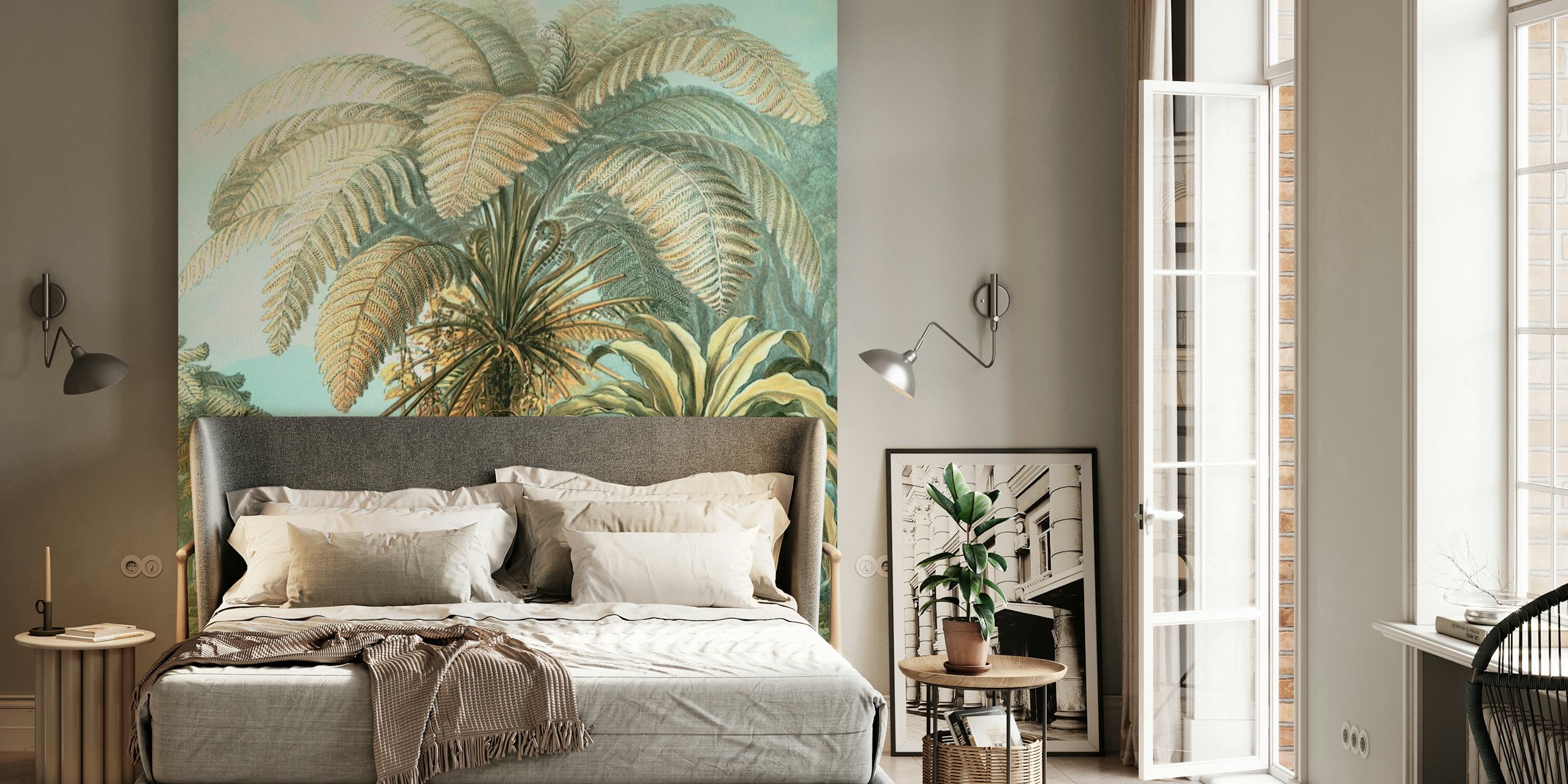 Tropical jungle plants in greens and beiges vintage wallpaper