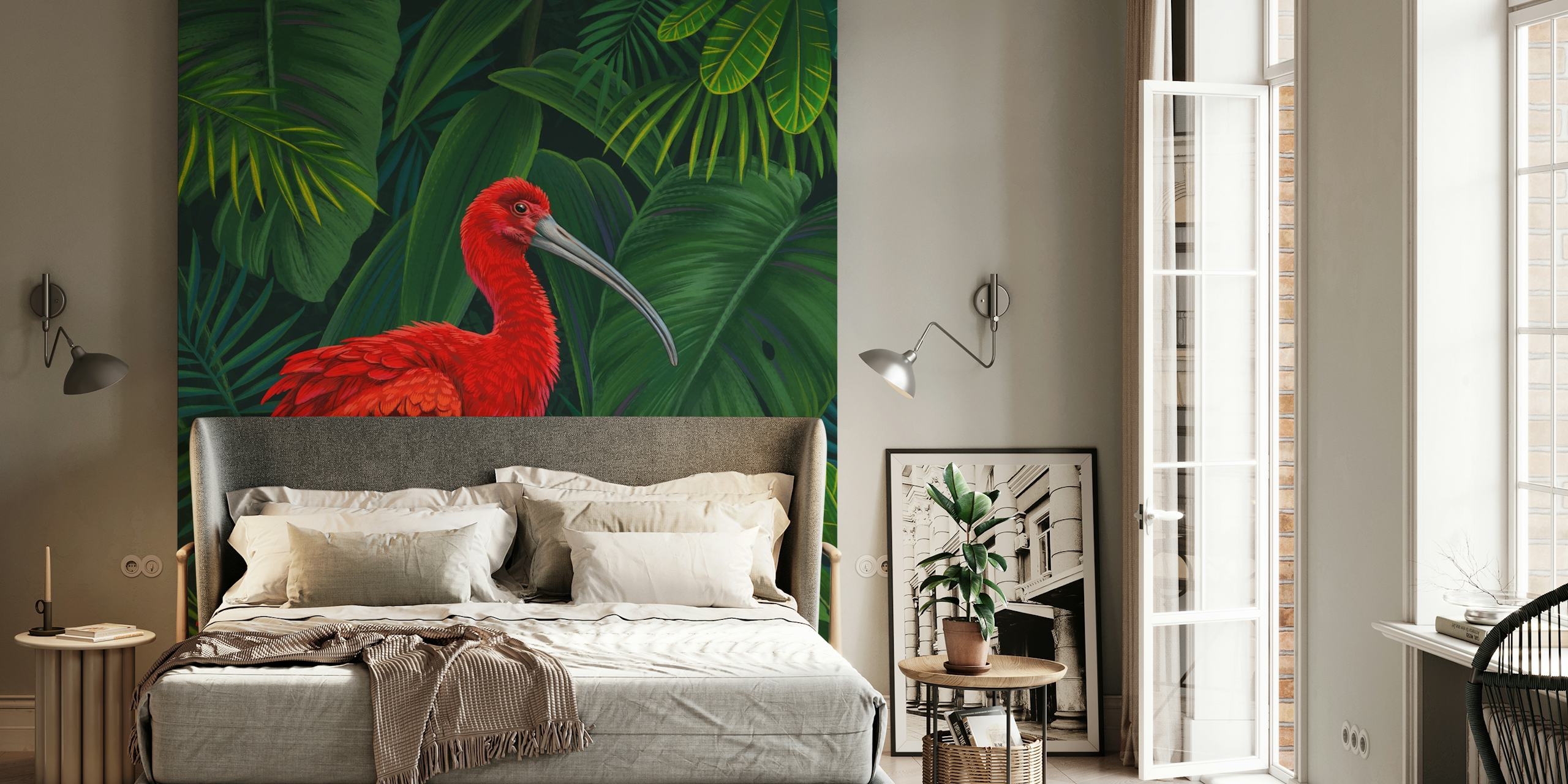 Papel tapiz Scarlet Ibis con pájaro rojo y hojas verdes