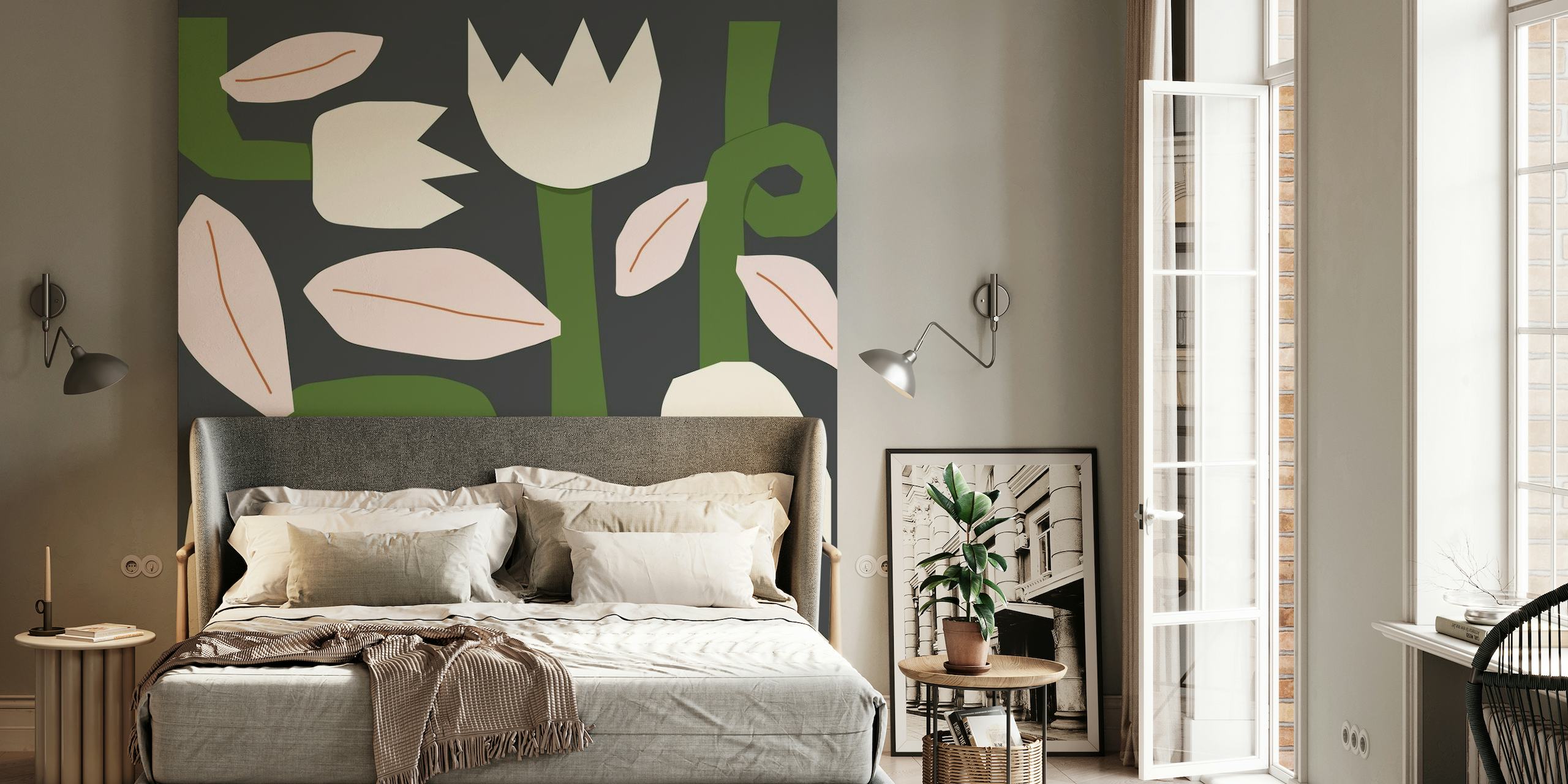 Abstract botanical wall mural with pink flowers and green leaves on a dark background