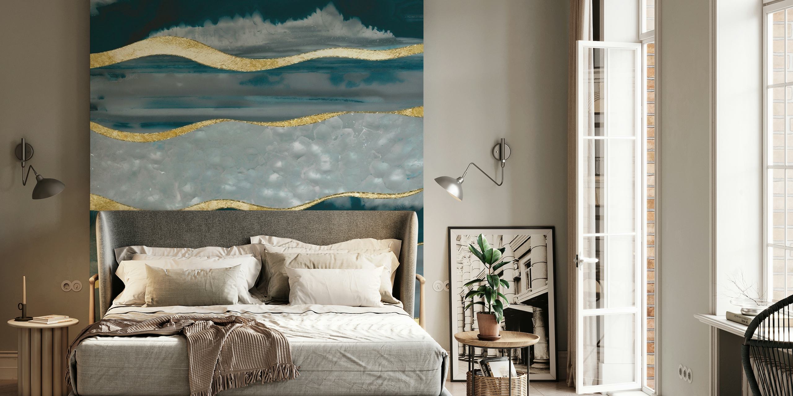 Teal and gold agate-inspired wall mural with luxurious stripes.