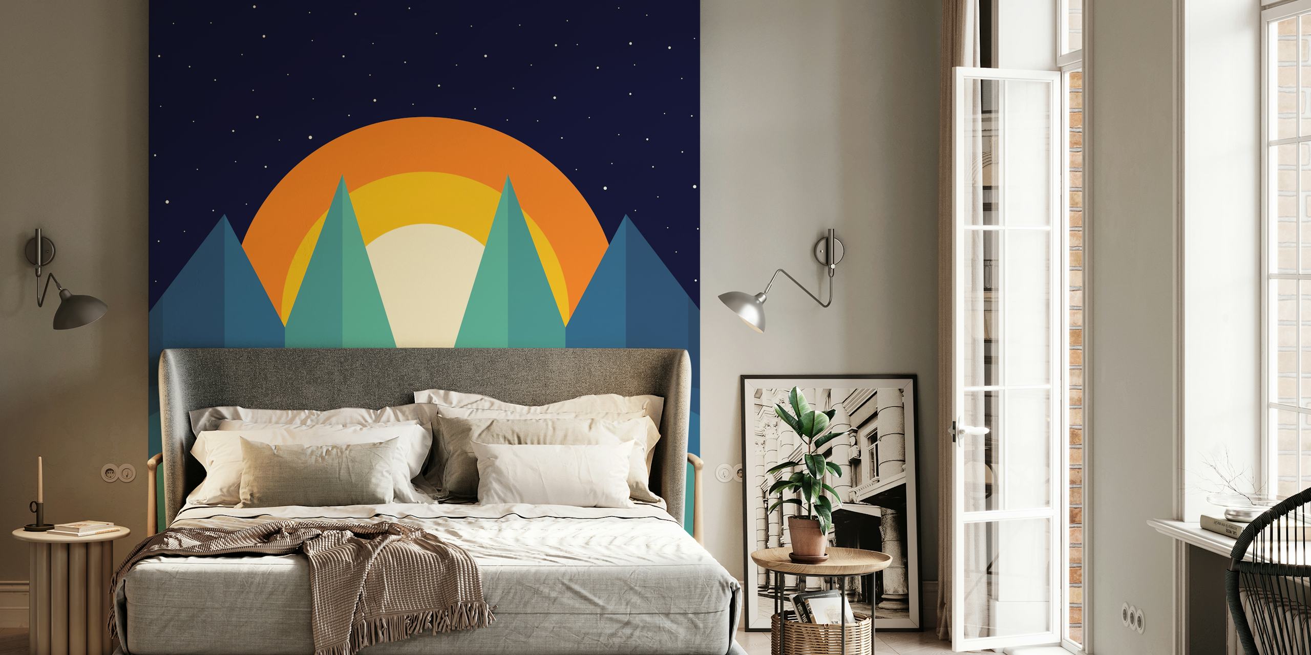 Minimalistisk vægmaleri med bil på vej, bakker og solnedgang