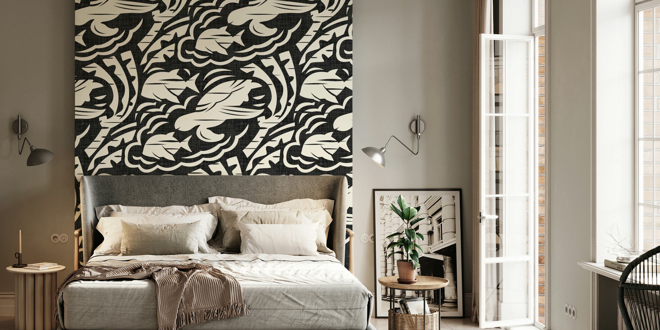 Hawaiian turtles and clouds in black and cream wallpaper