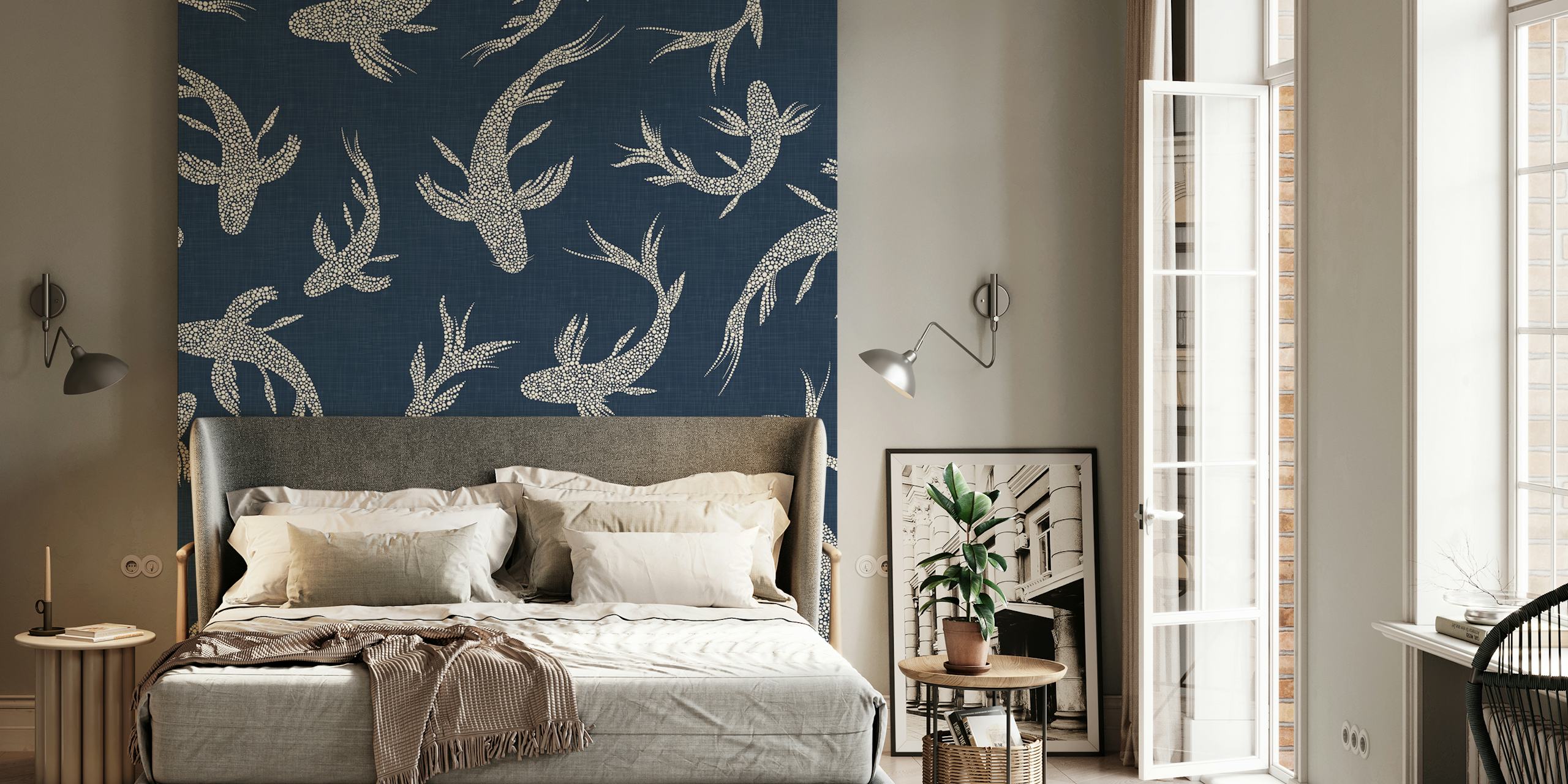 Navy blue wallpaper with koi fish pattern in silver tones