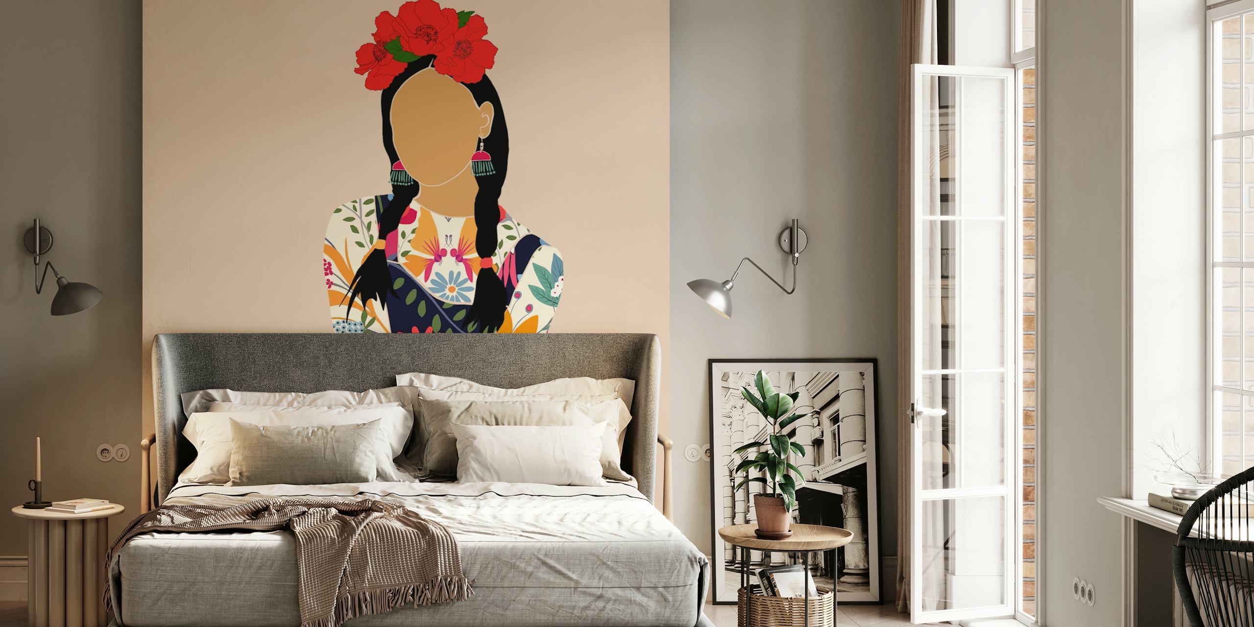 Colorful floral design featuring a woman with flowers and bright patterns wallpaper