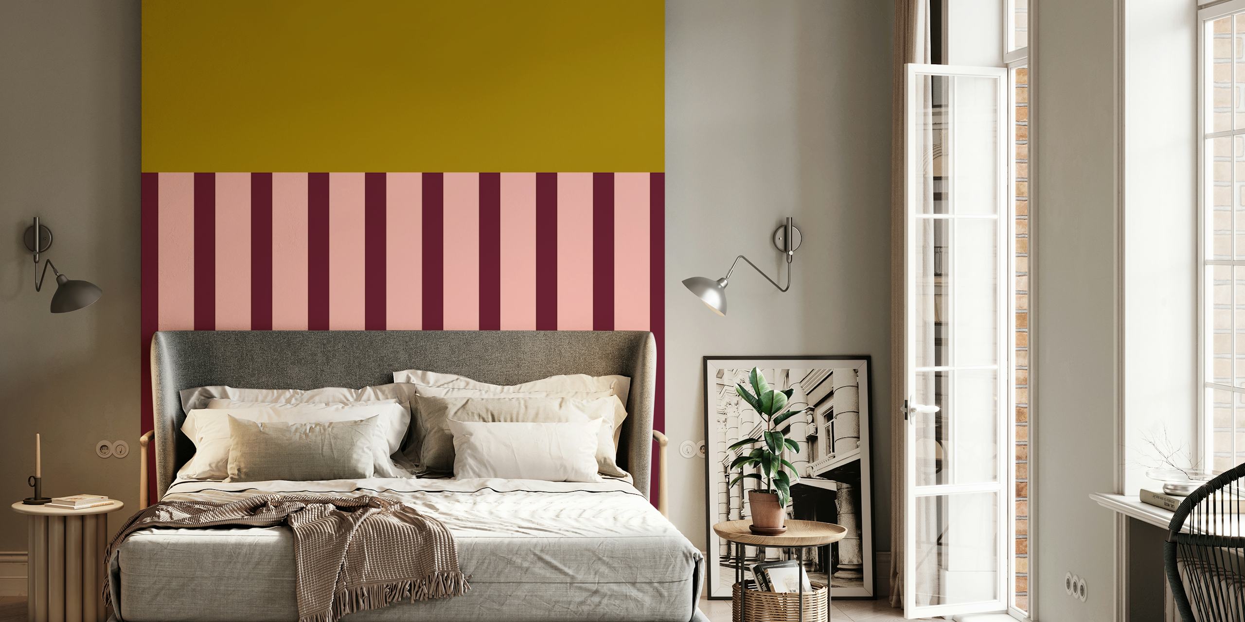 Golden and pink striped wallpaper with purple accents