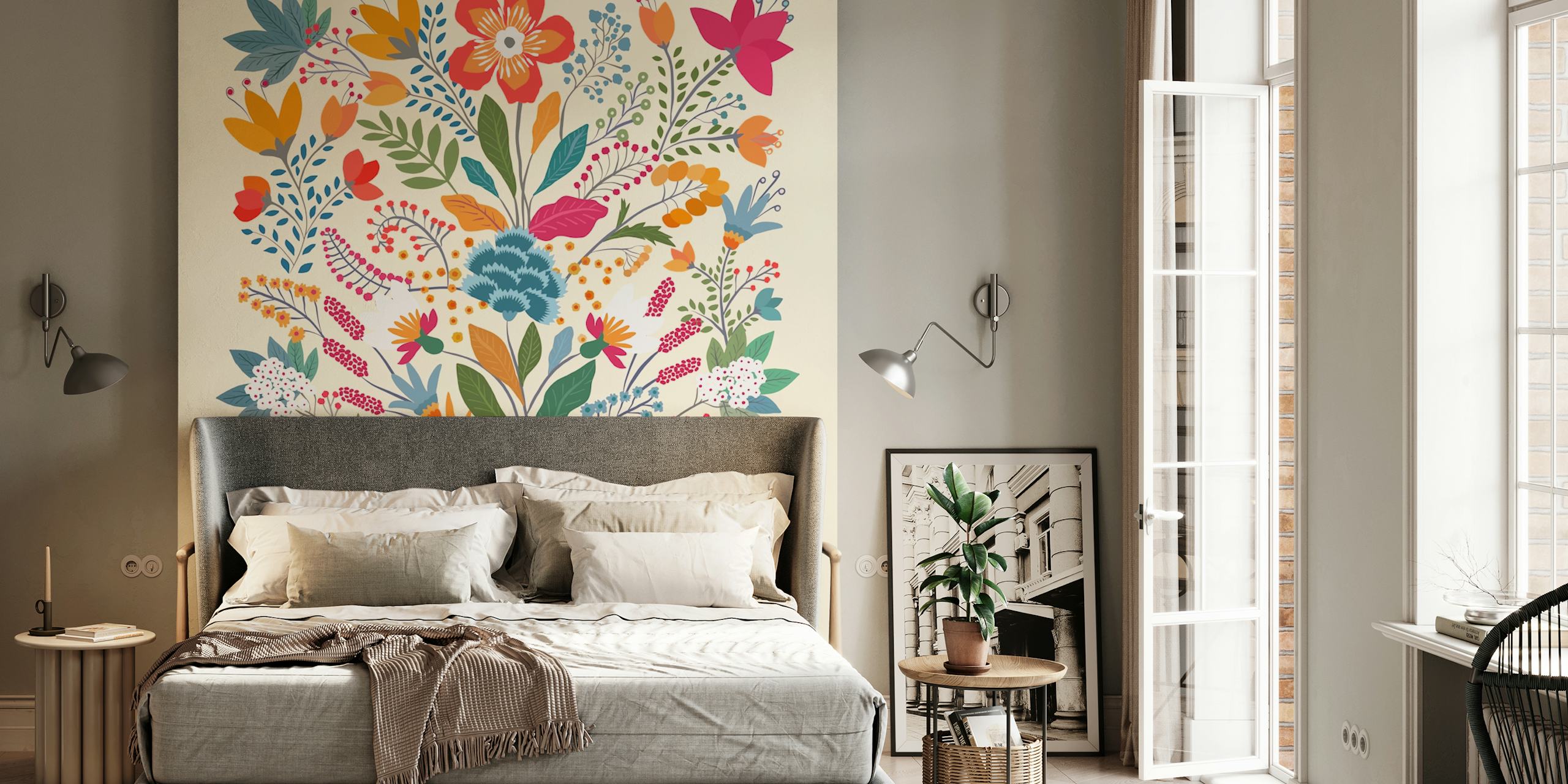 Colorful floral design with pink, blue, and orange flowers on beige wallpaper