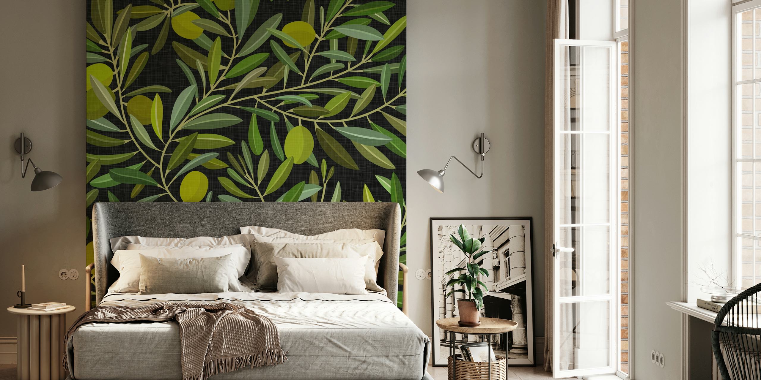 Olive tree leaves with green and yellow olives on dark background wallpaper