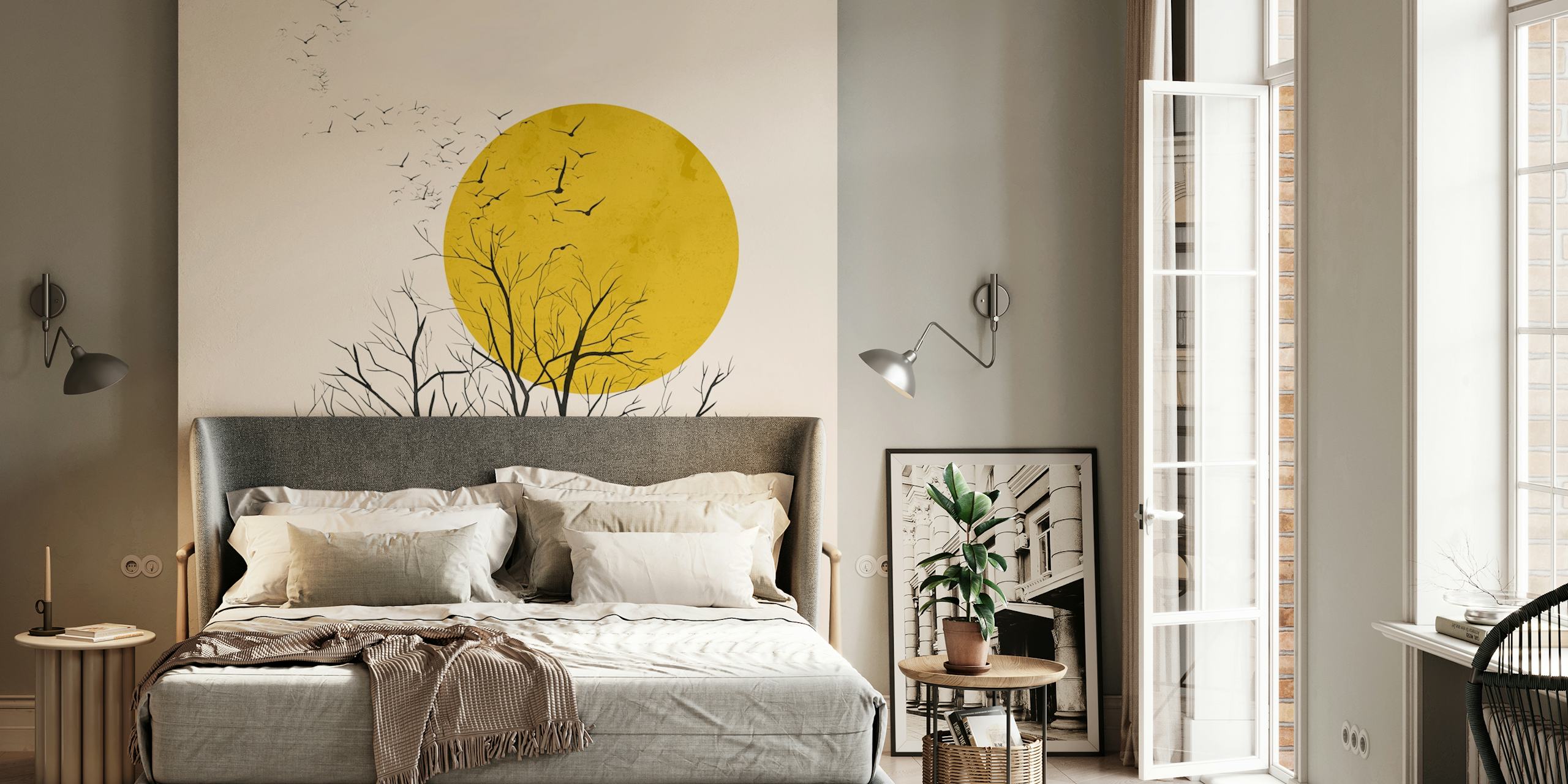 Birds flying at sunset wallpaper in a room