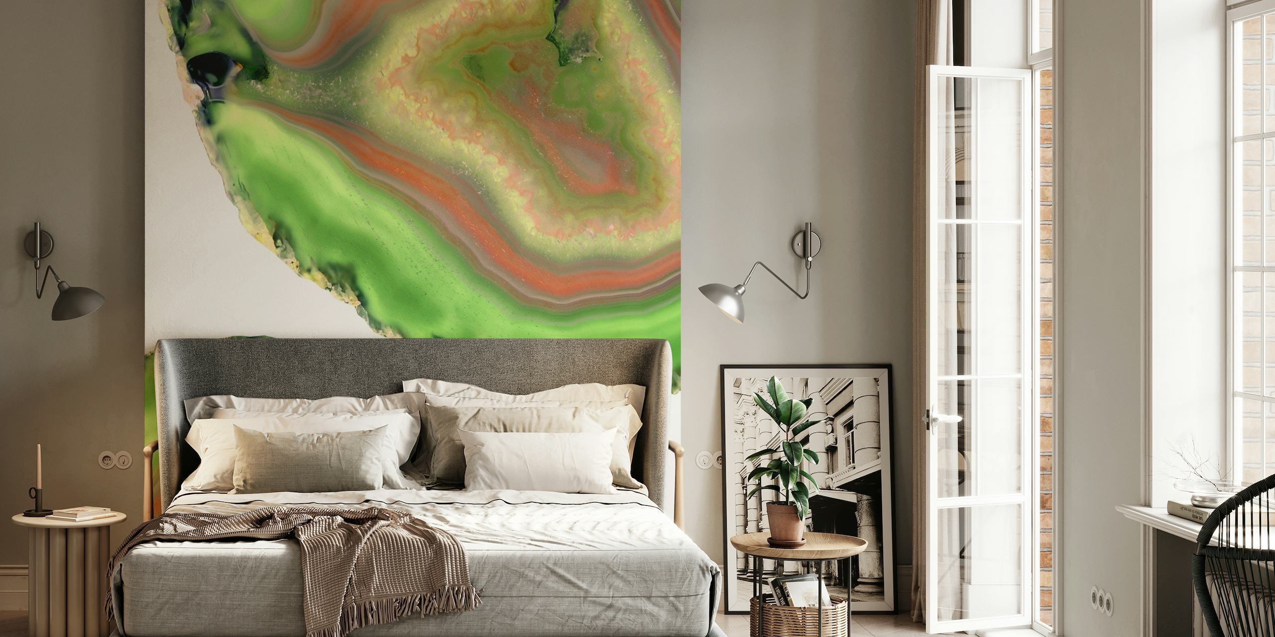 Agate stone pattern wall mural with green, rust, and purple hues