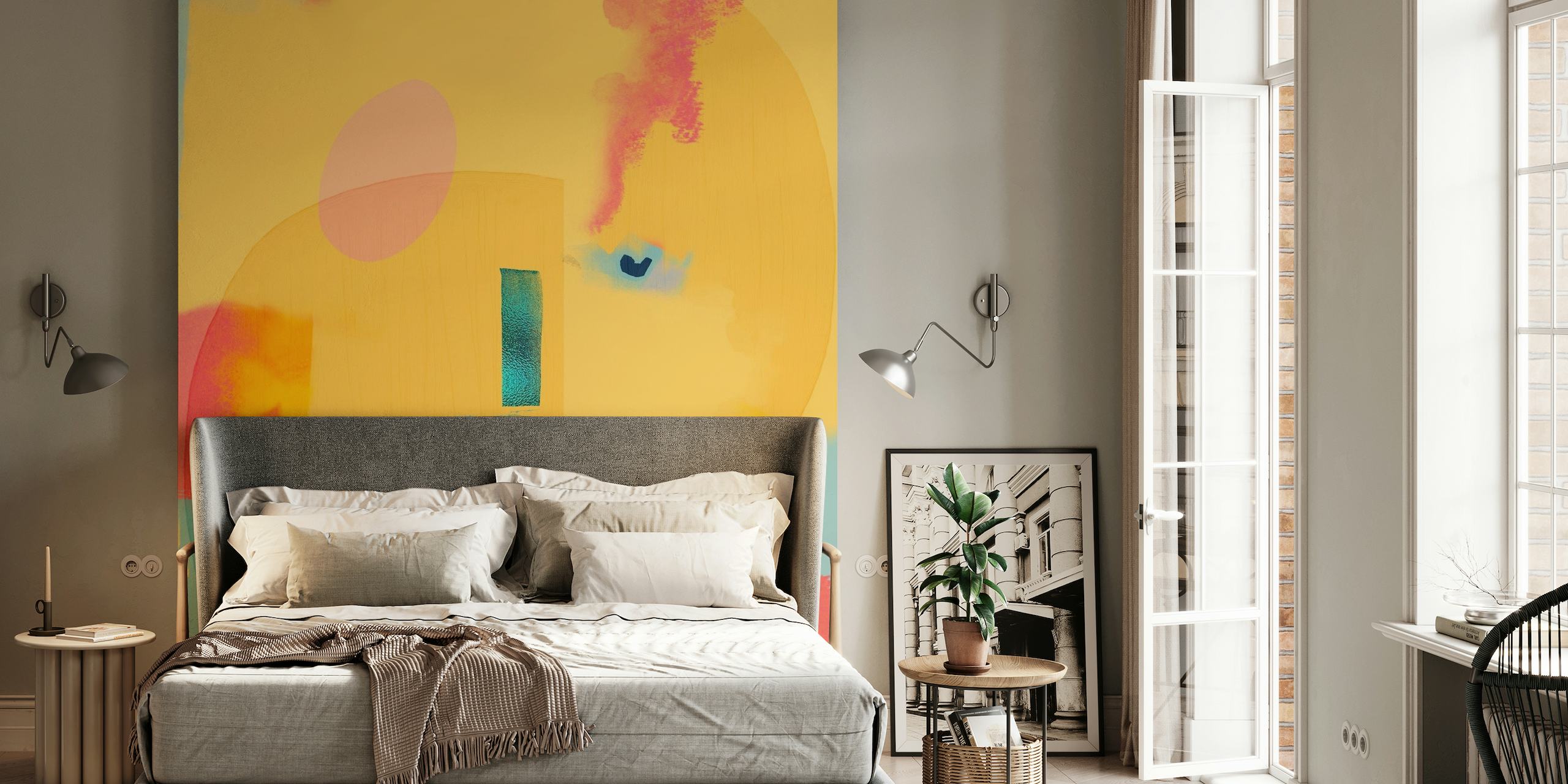 Abstract 'Motor Mouth' wall mural with vibrant splashes of color and playful shapes