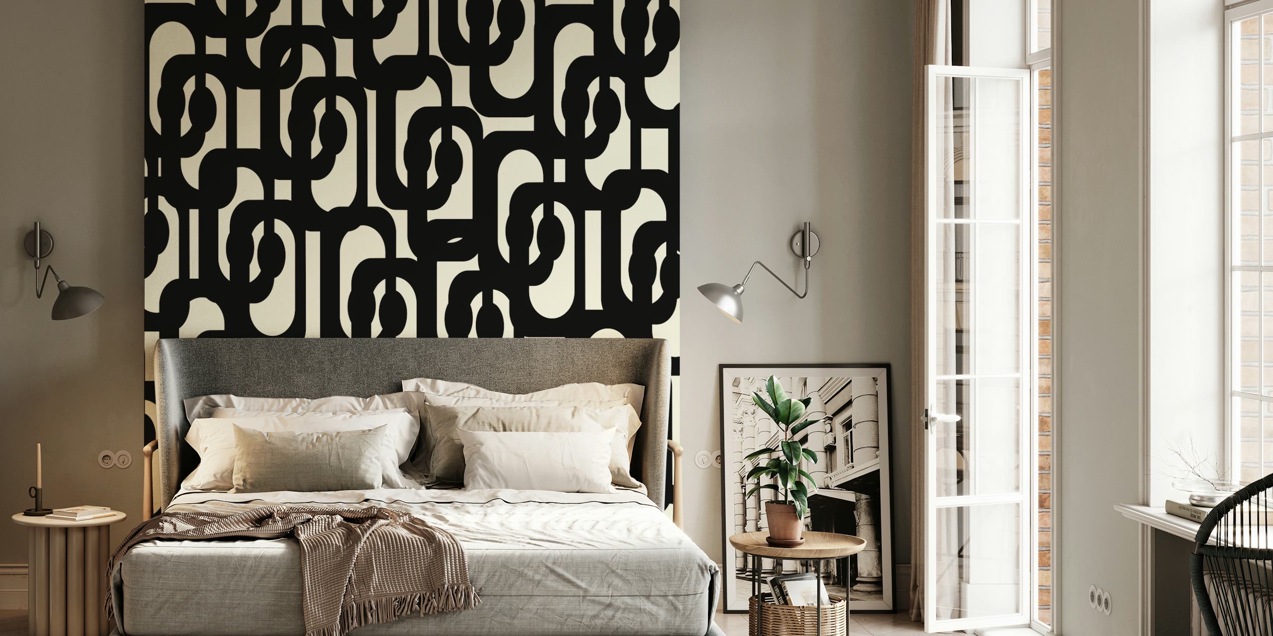 Mid Century Modern Loops Black and Cream wallpaper in room
