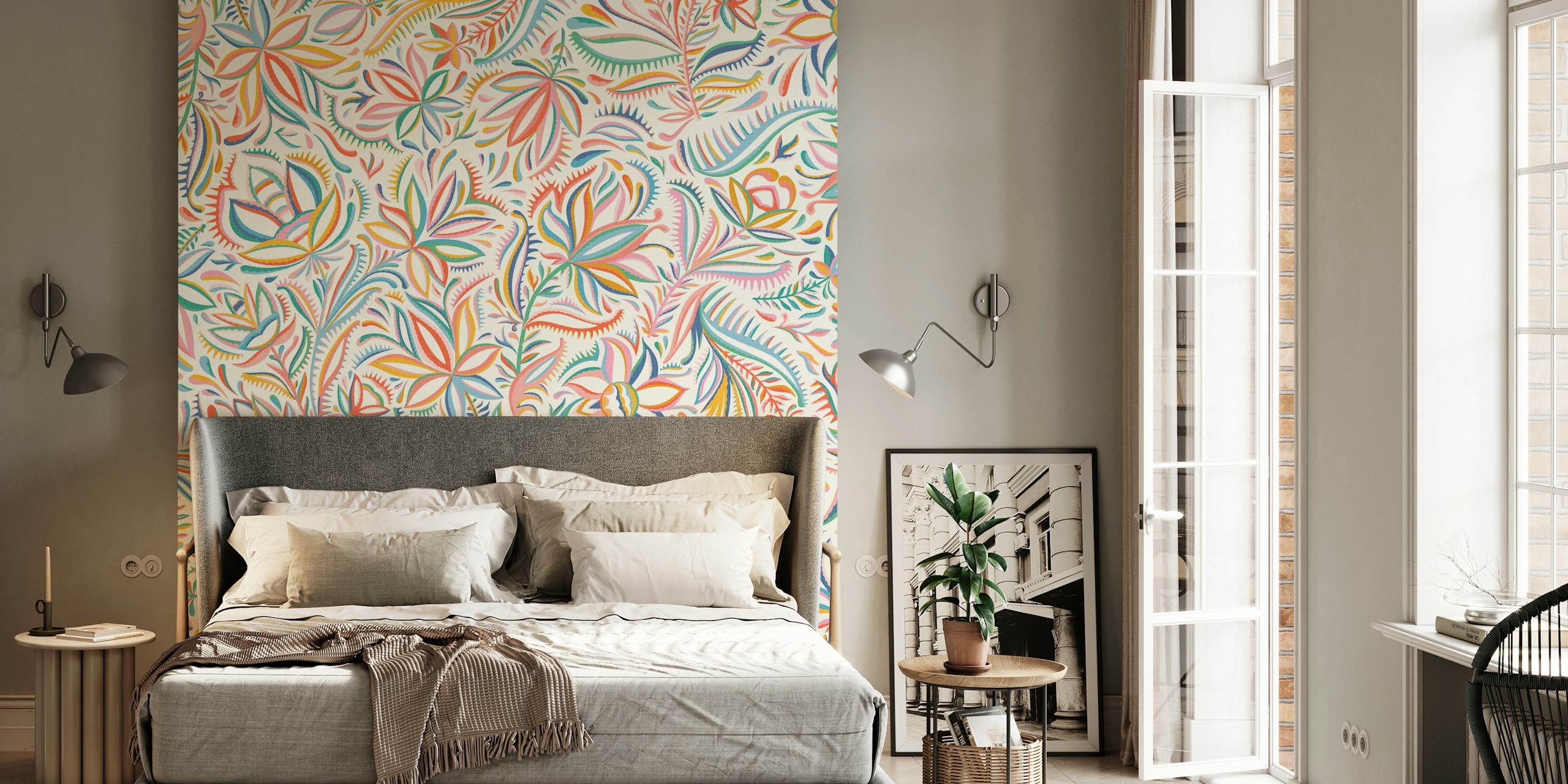 Colorful floral wallpaper in a room
