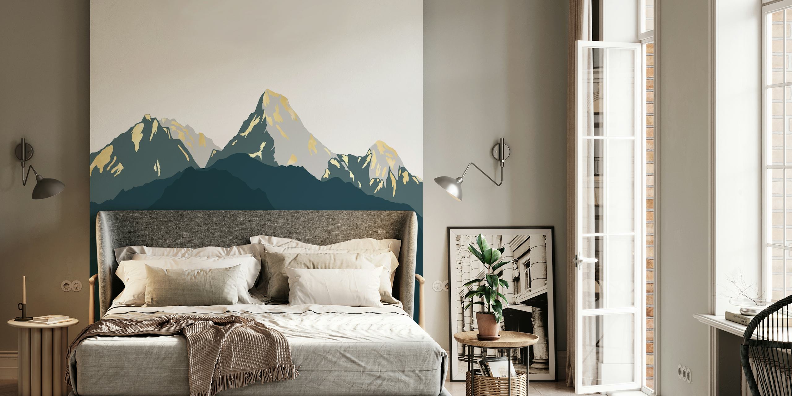 Blue and golden mountains silhouette Tapete in einem Zimmer