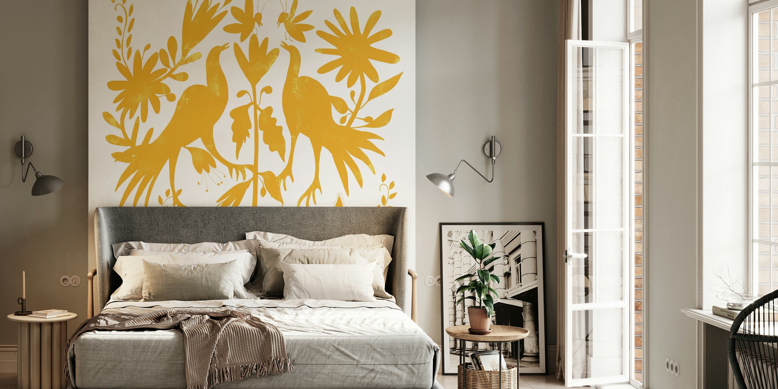 Golden Otomi-tapet med blomster- og dyremotiver