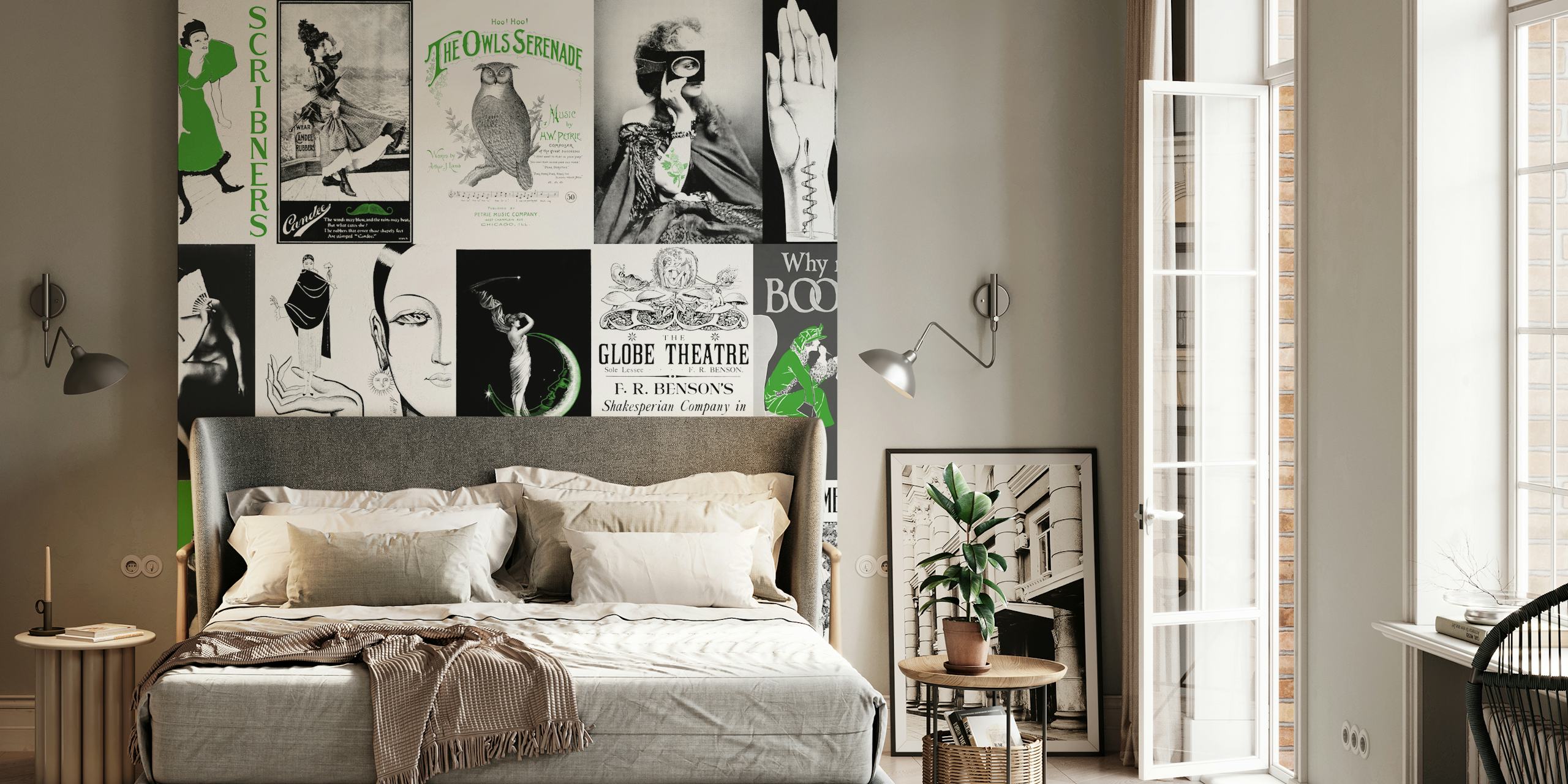 Vintage black and white wallpaper with green accents featuring artistic illustrations.