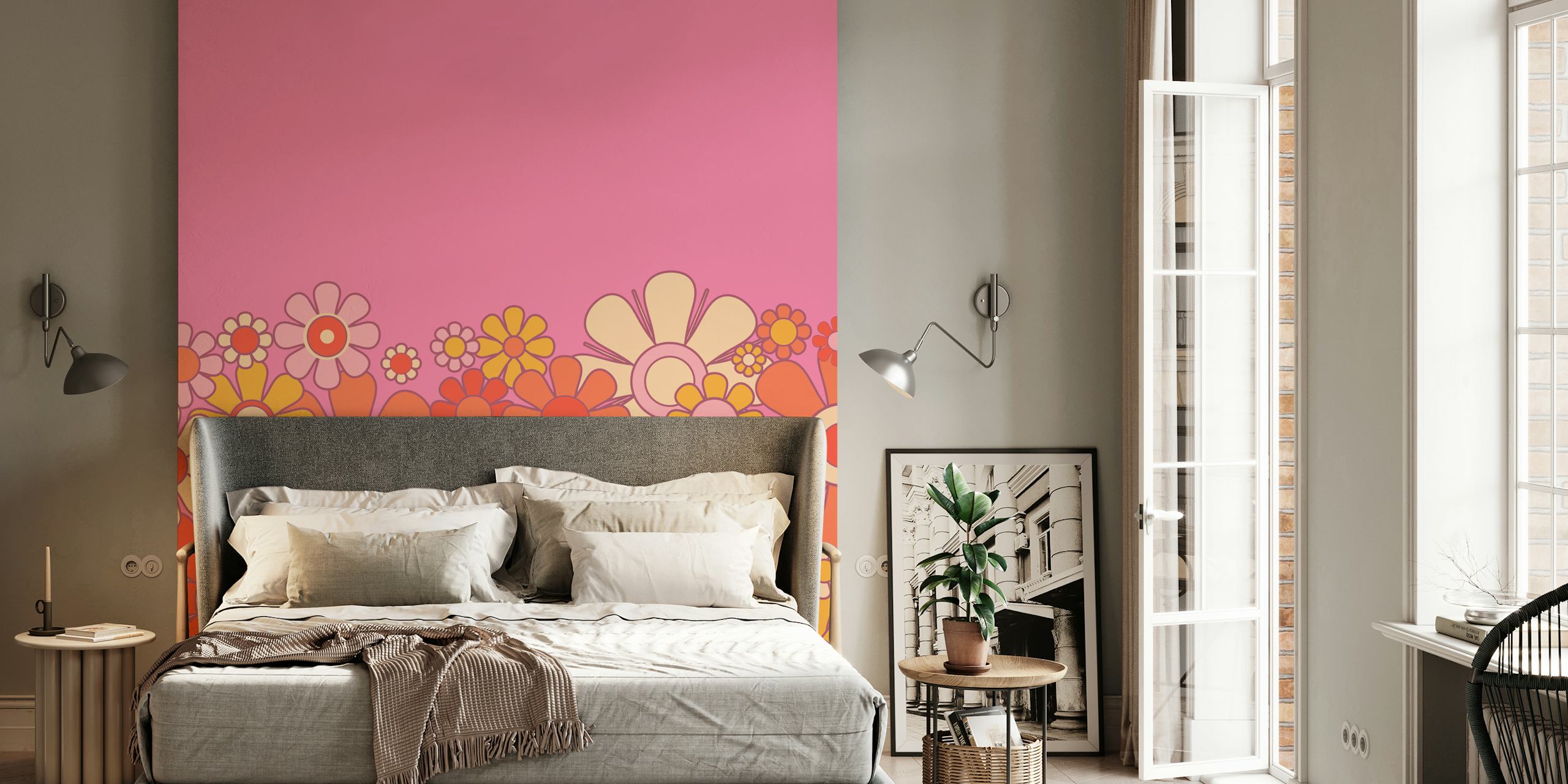 Groovy Retro Garden Pink wallpaper in a room