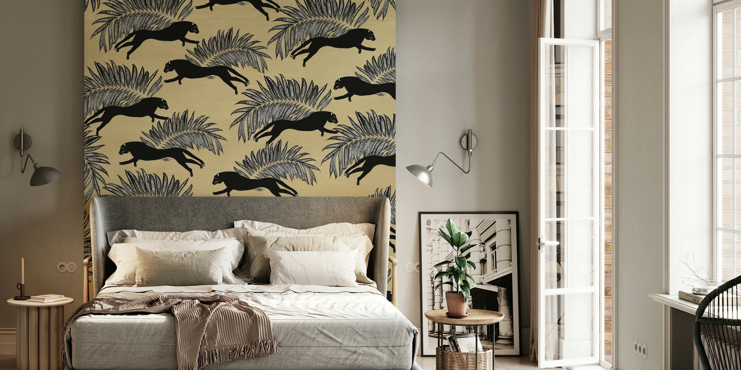 Black panther silhouette and vibrant palm leaves wallpaper