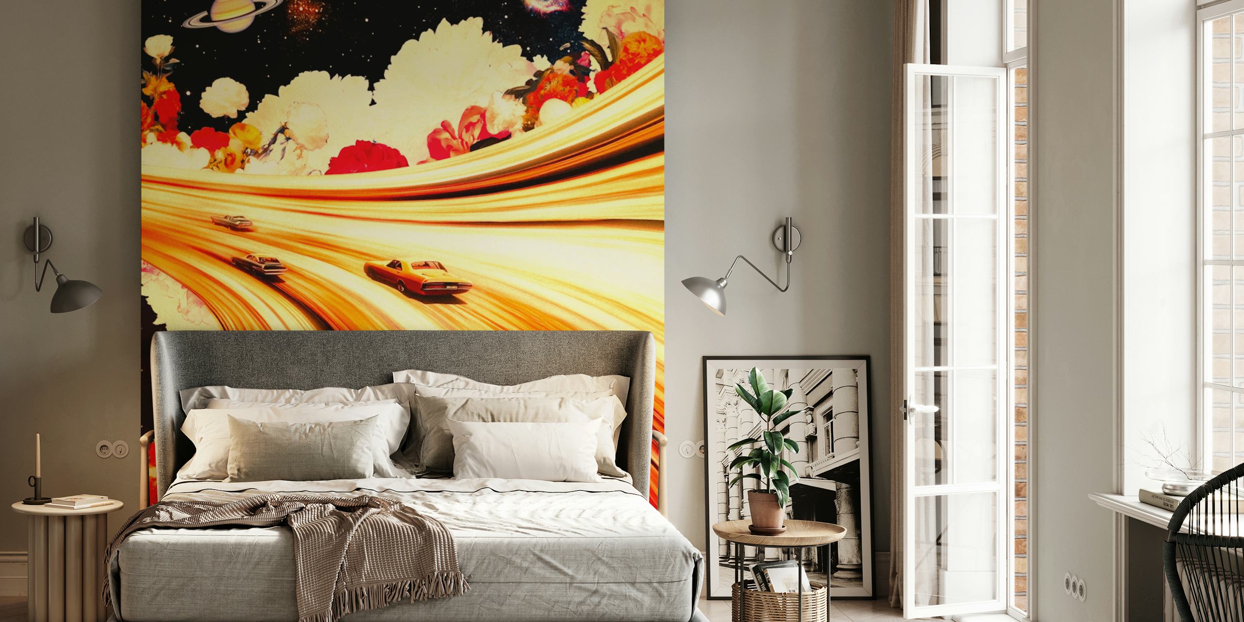 Colorful flower and car wallpaper in a room