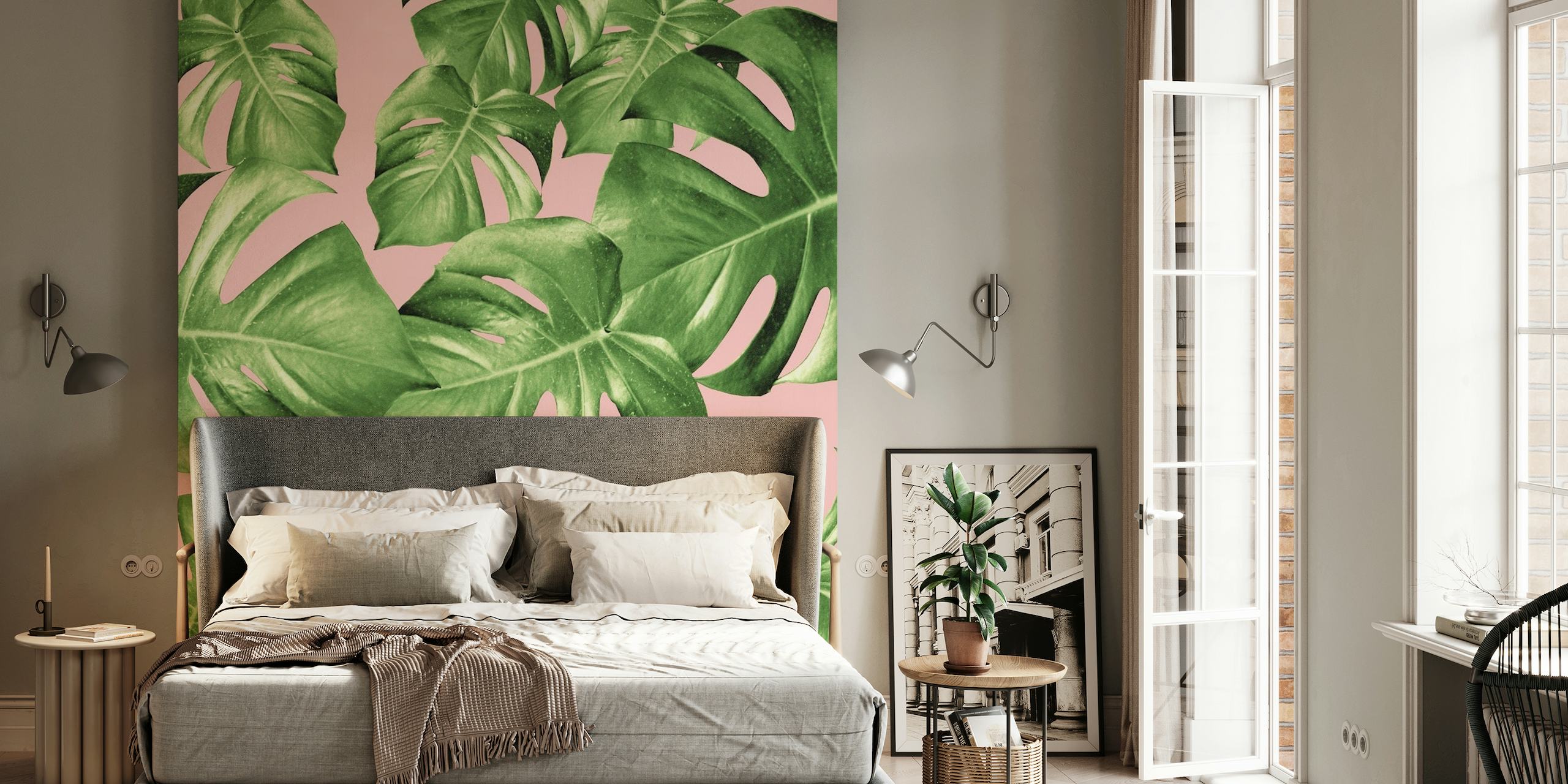 Monstera Leaves on Blush Pink Background Wall Mural