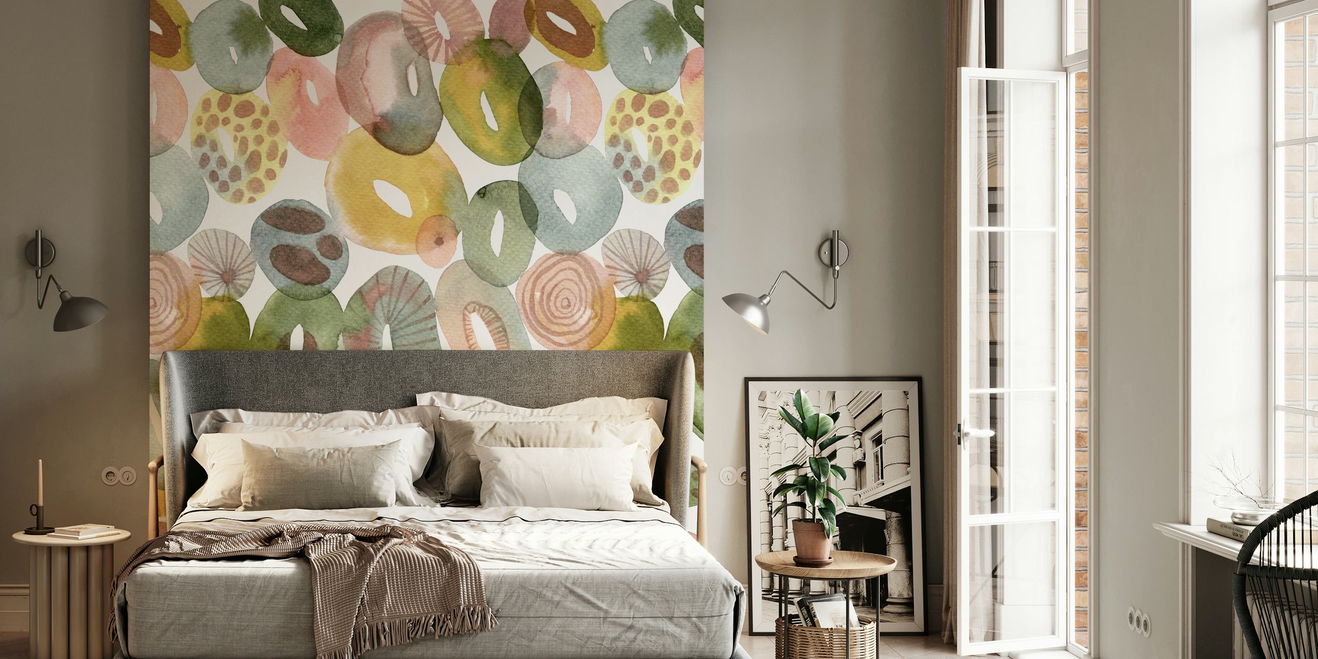 Colorful abstract shapes in green, red, pink, and yellow watercolor wallpaper