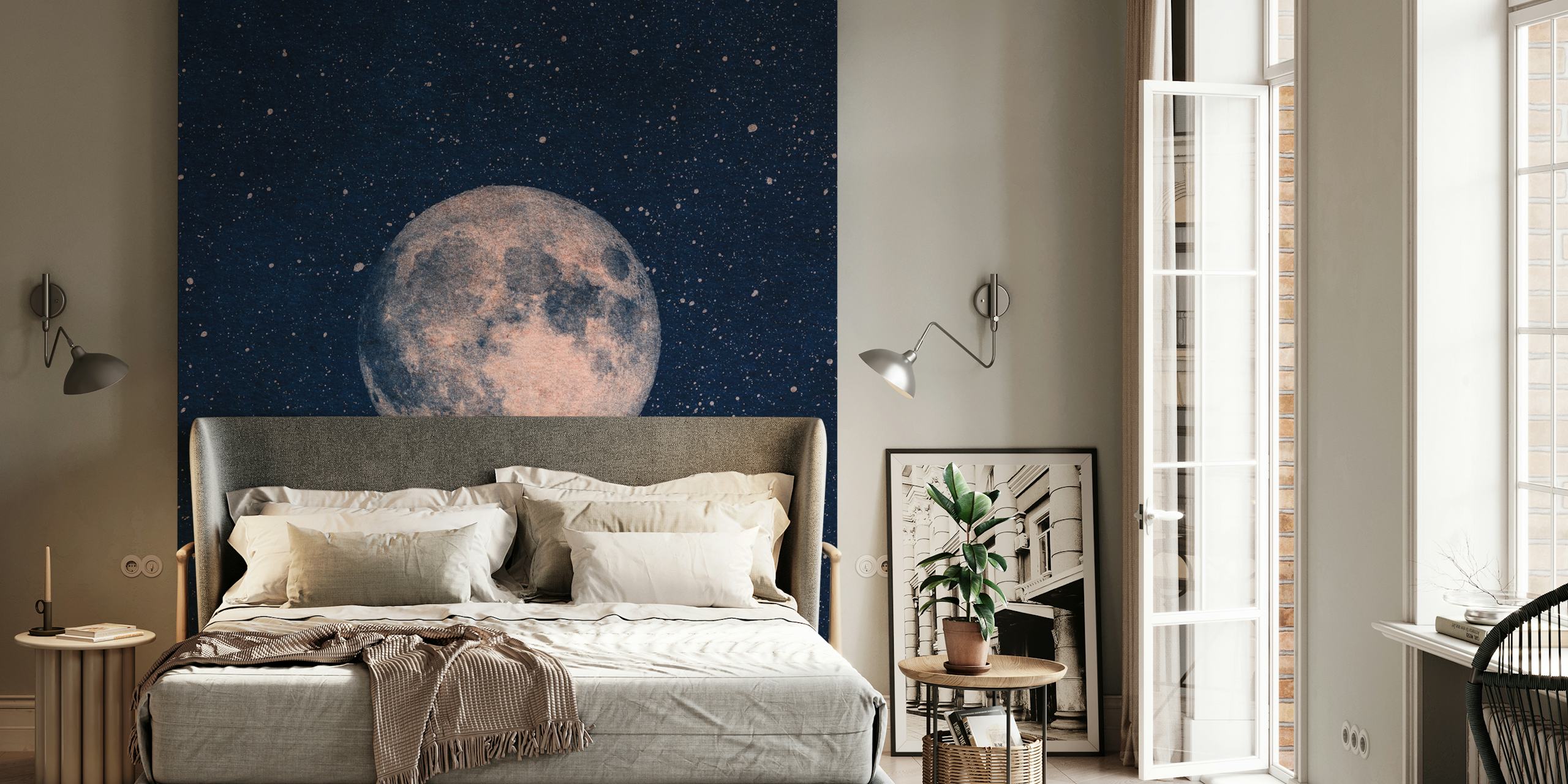Full moon surrounded by stars on dark blue wallpaper
