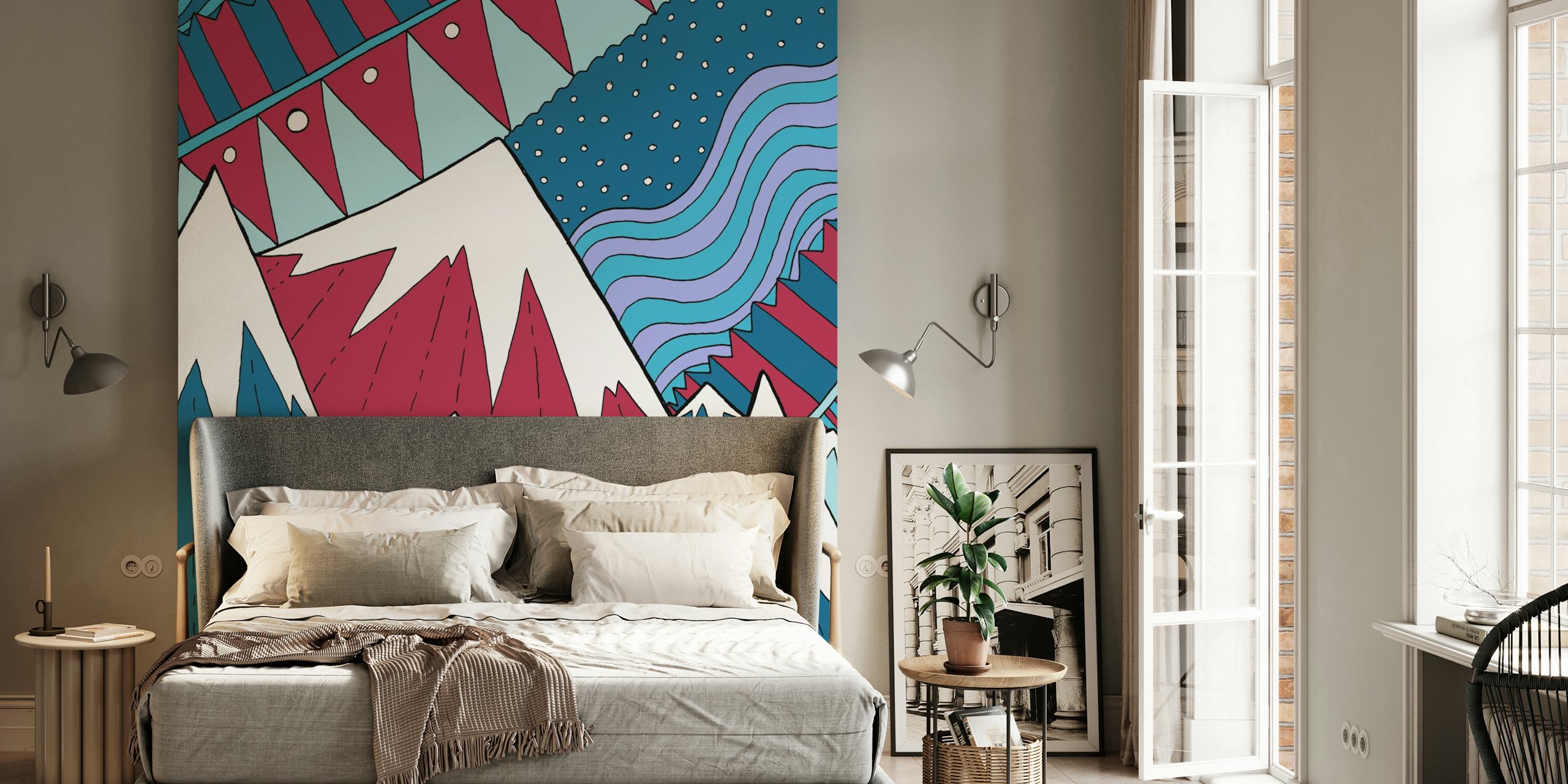 Geometric mountains in teal, red, and white wallpaper