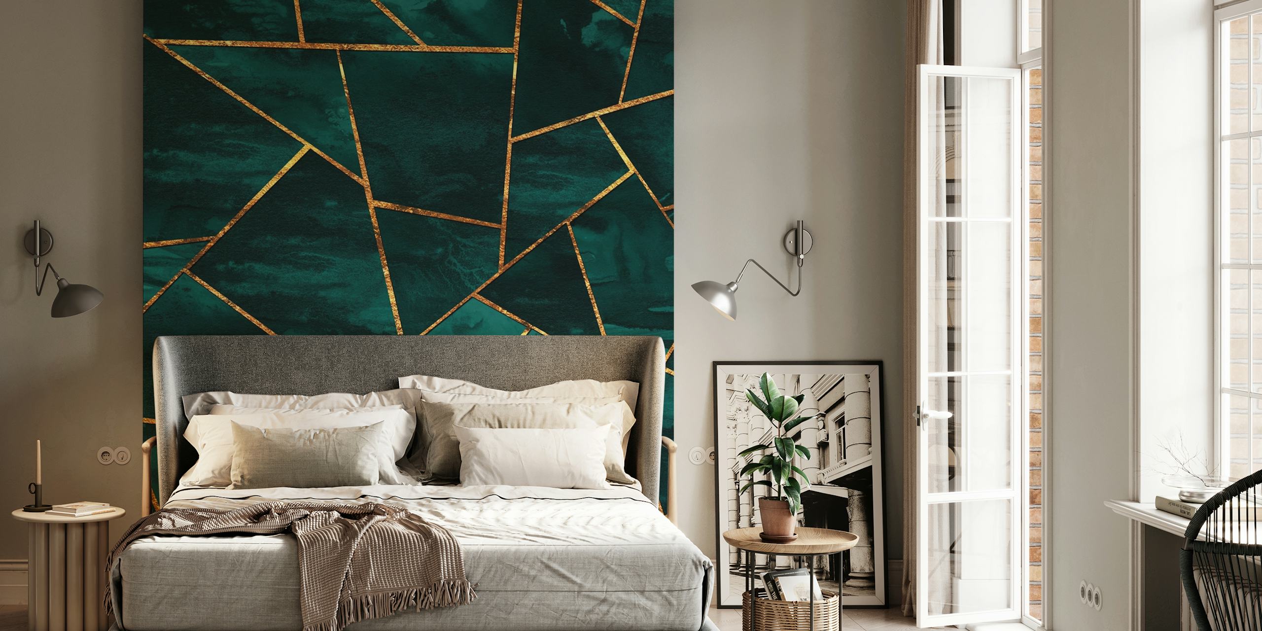 Teal geometric pattern with gold accents wallpaper