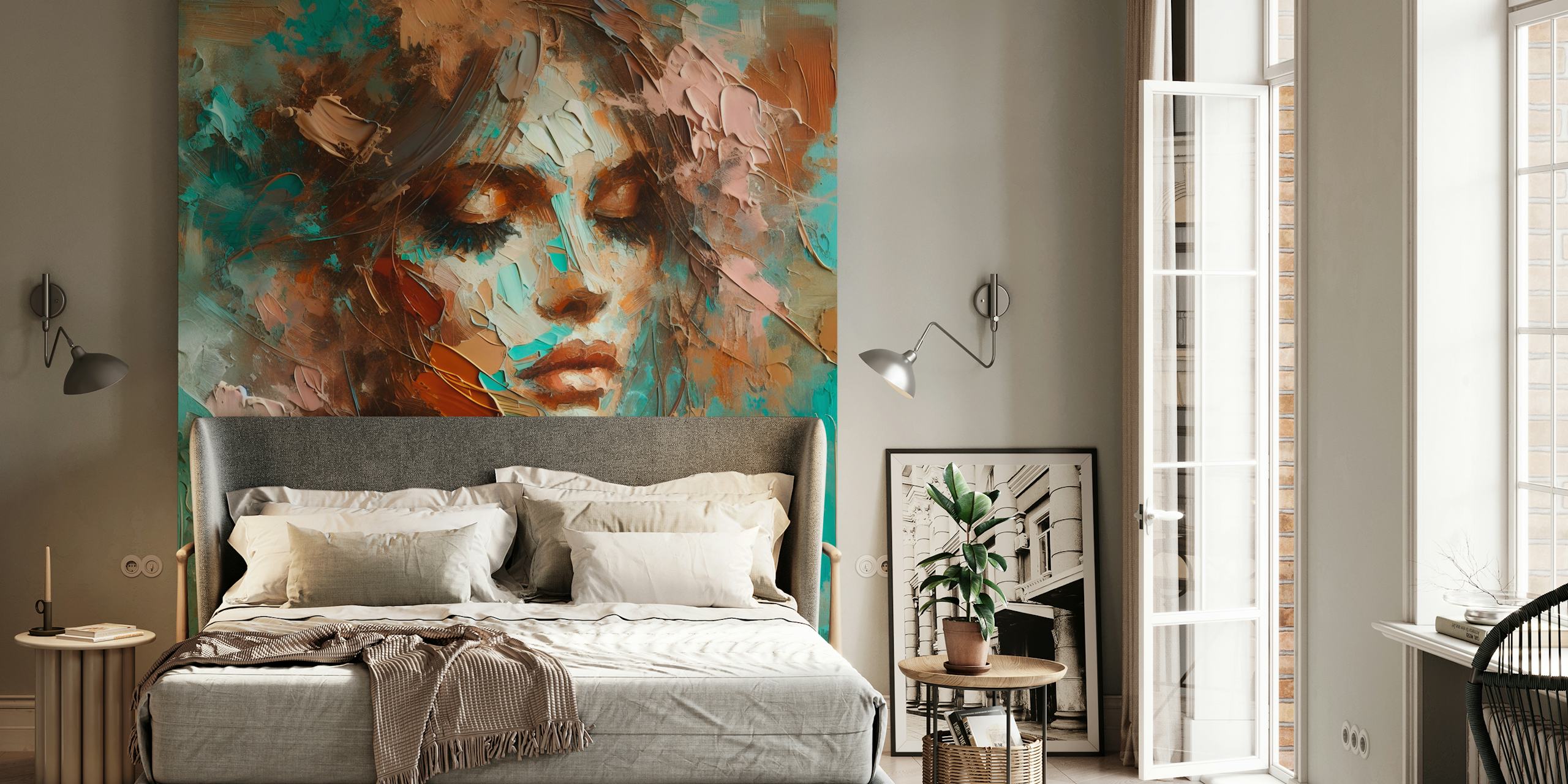 Abstract portrait in turquoise and brown shades wallpaper