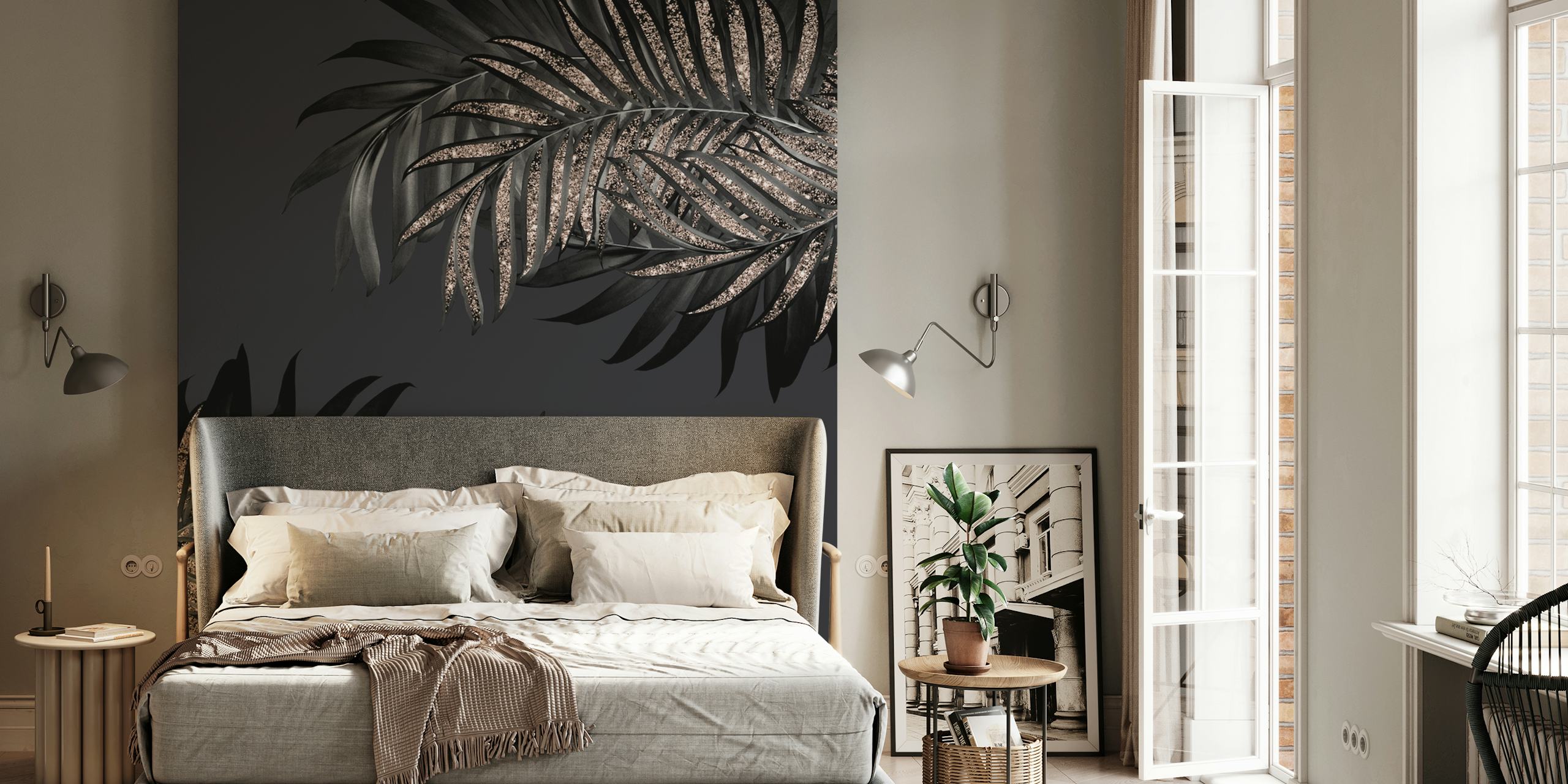 Gray Black Palm Glitter 6 wallpaper in a room
