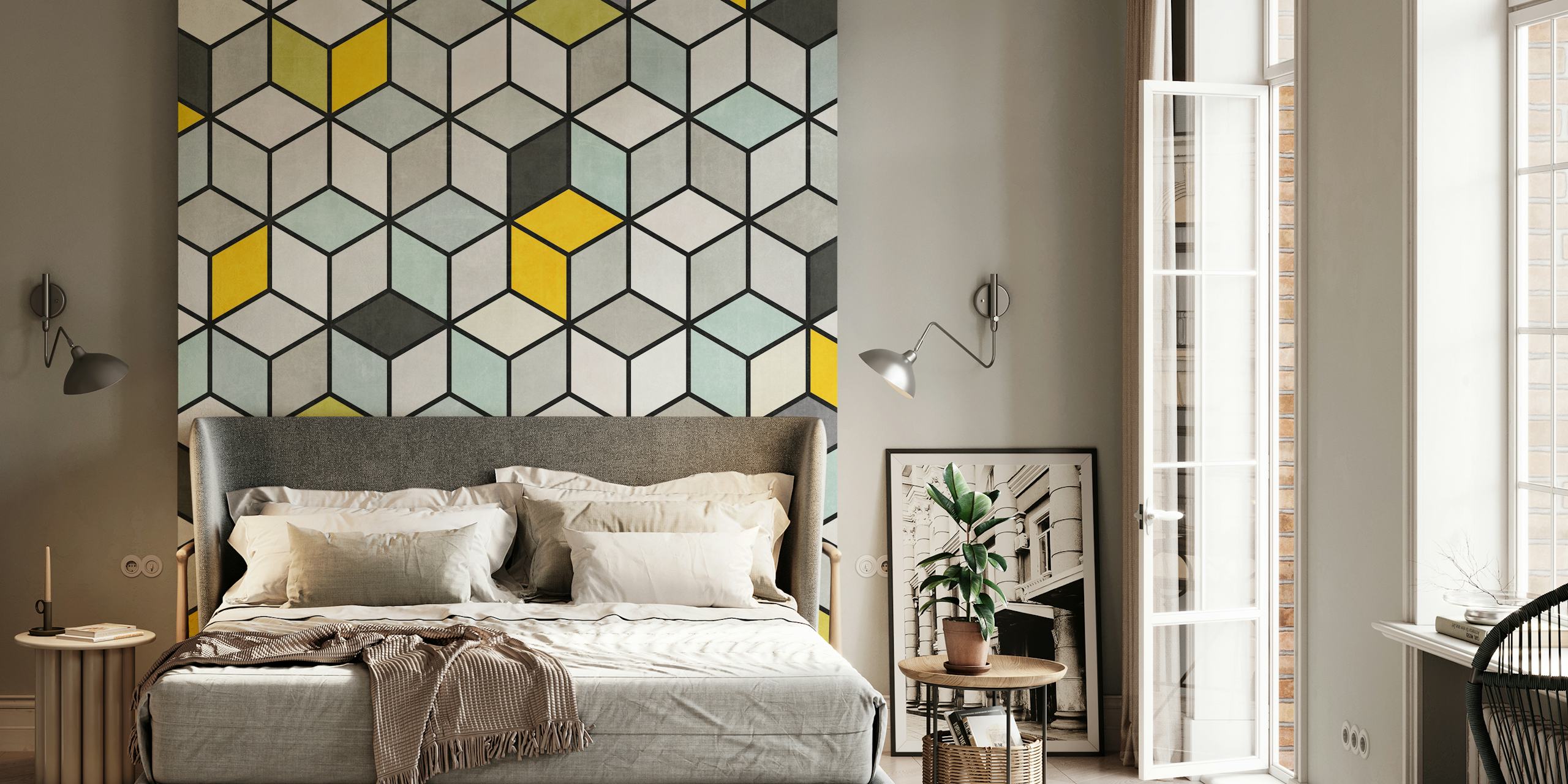 Kleurrijke Concrete Cubes fotobehang met een driedimensionaal kubuspatroon in grijze, gele en blauwgroene tinten