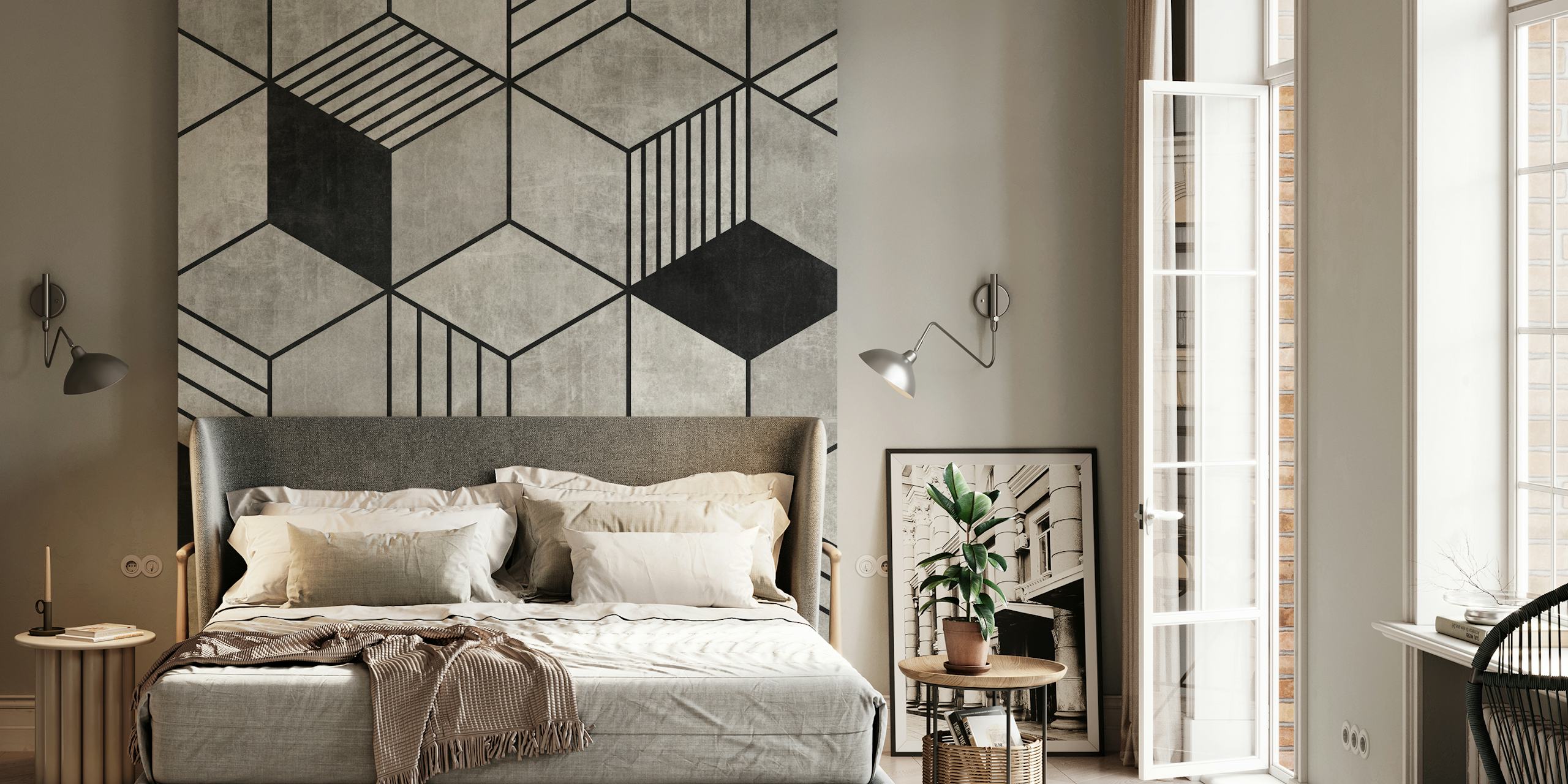 Muro murale geometrico astratto di cubi in sfumature di grigio