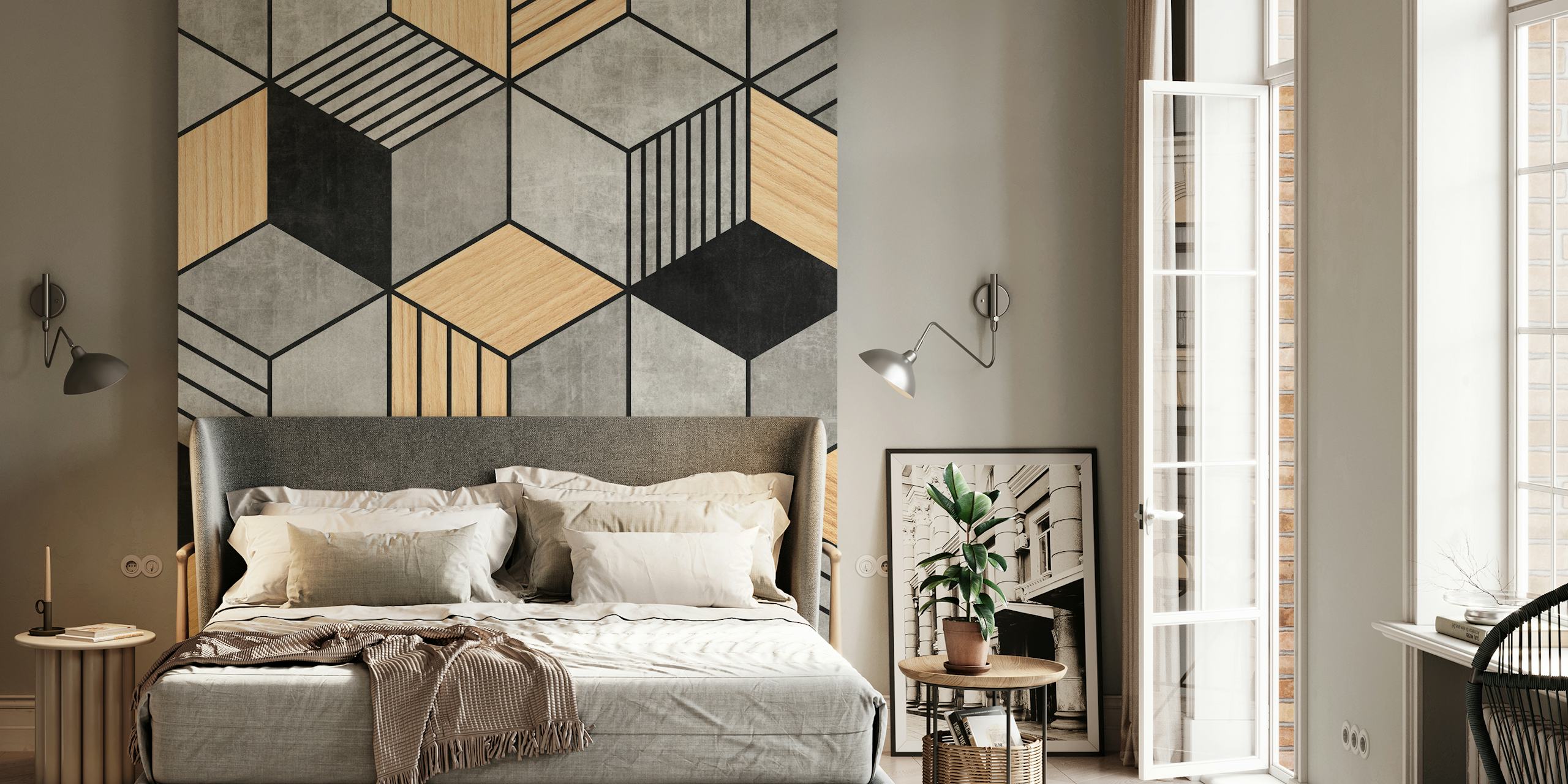 Geometric concrete and wood patterns in black, gray, and beige wallpaper