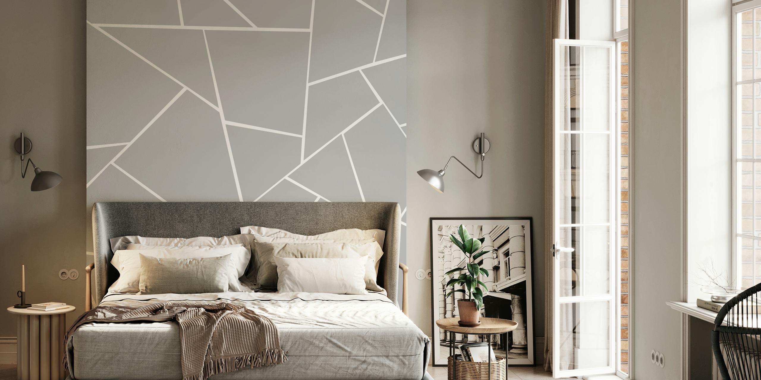 Gray white geometric wallpaper in a room