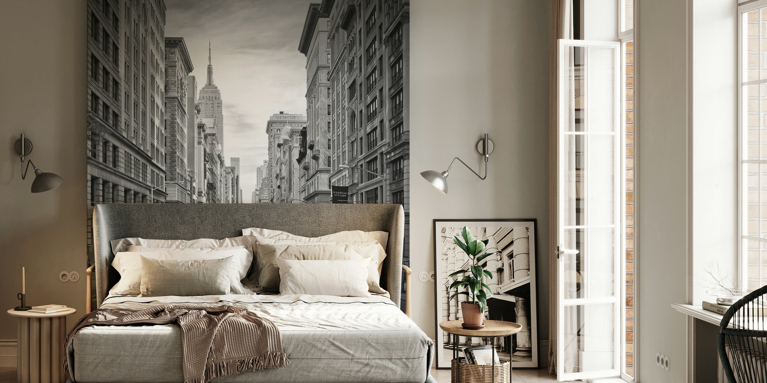 Stylish black and white wall mural of Manhattan's Fifth Avenue with color-highlighted yellow taxis